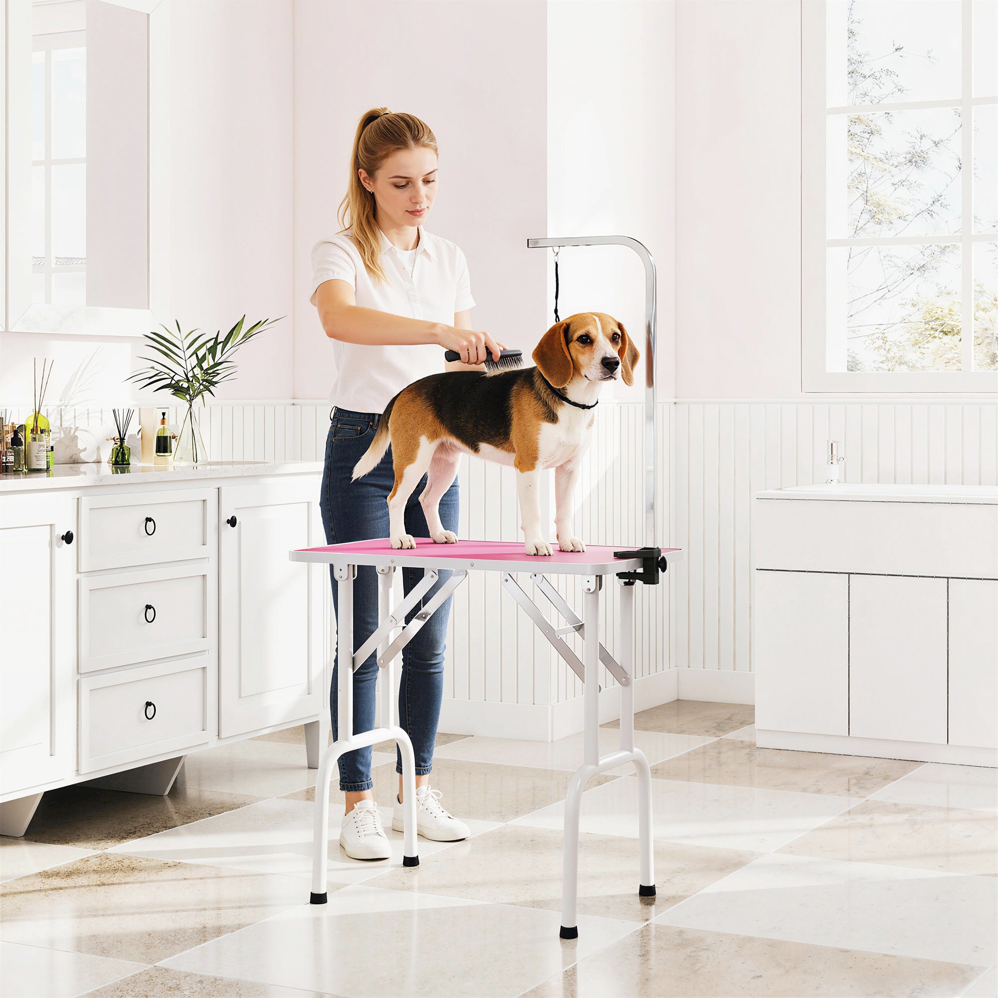 32in Foldable Dog Grooming Table for Small Medium Dogs, Pet Grooming Table for Cats Puppies with Adjustable Arm, Noose and Non-Slip Surface, Pink