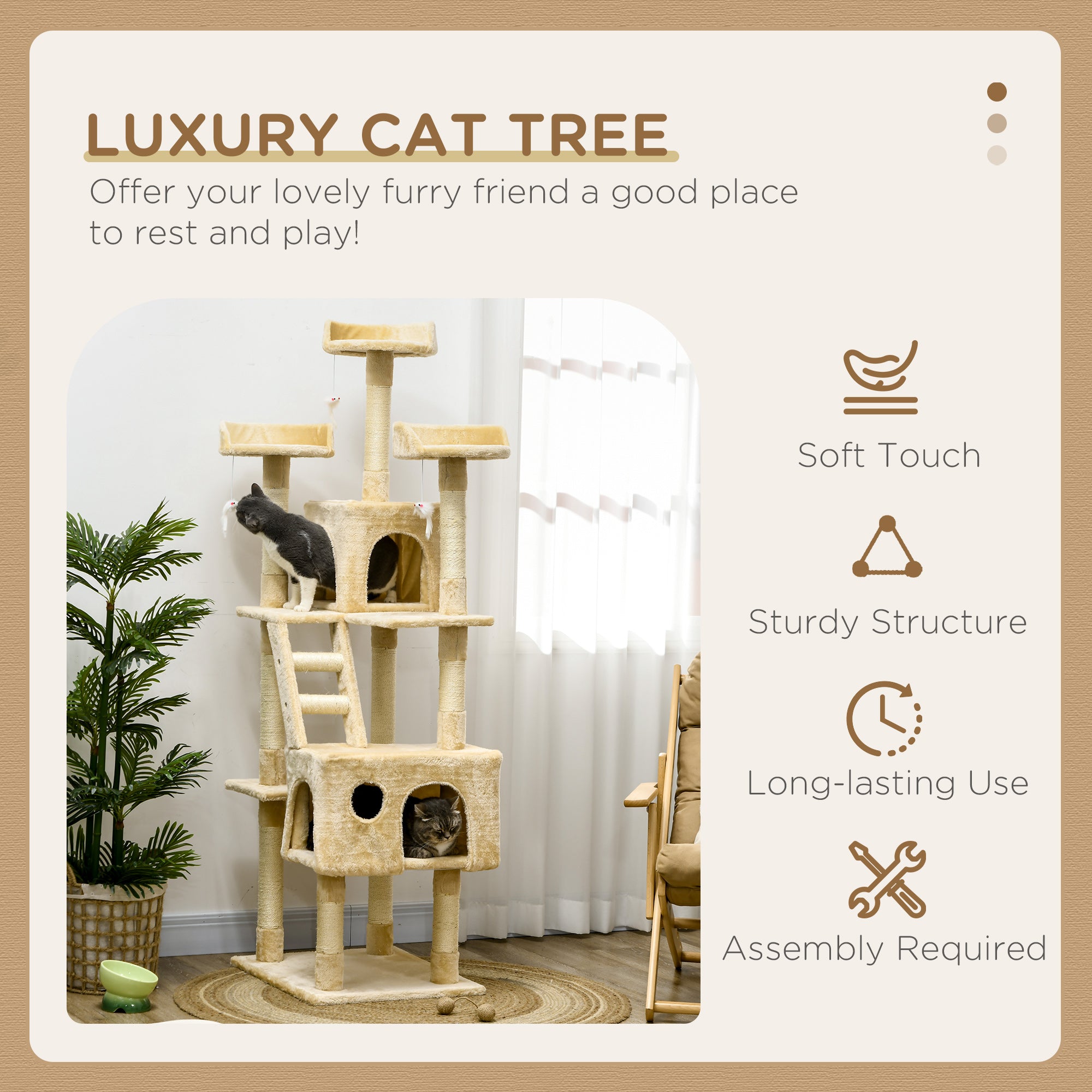 71Inch Cat Tree, Cat Tower with Scratching Post, Cat Houses, Toys, Beige
