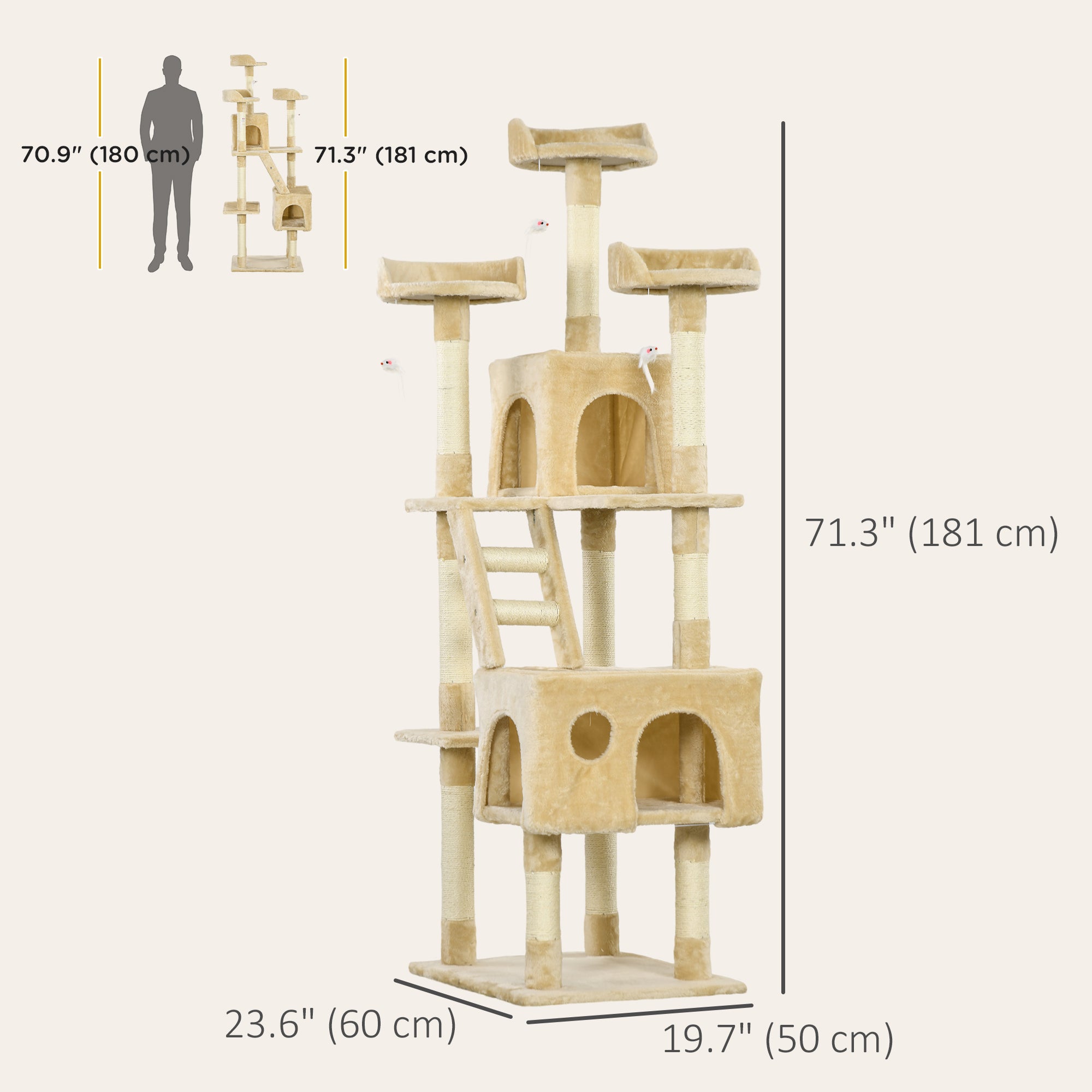 71Inch Cat Tree, Cat Tower with Scratching Post, Cat Houses, Toys, Beige