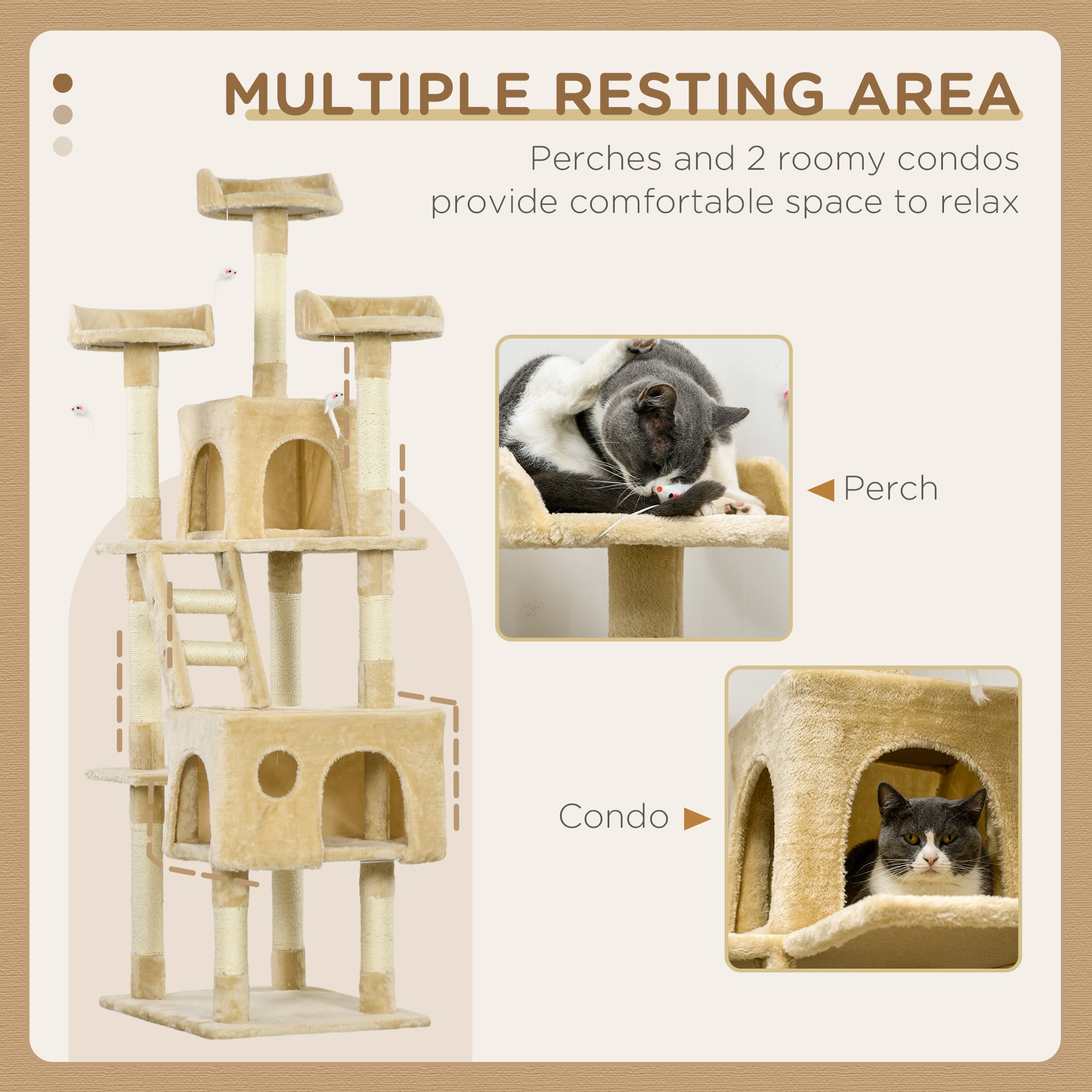 71Inch Cat Tree, Cat Tower with Scratching Post, Cat Houses, Toys, Beige