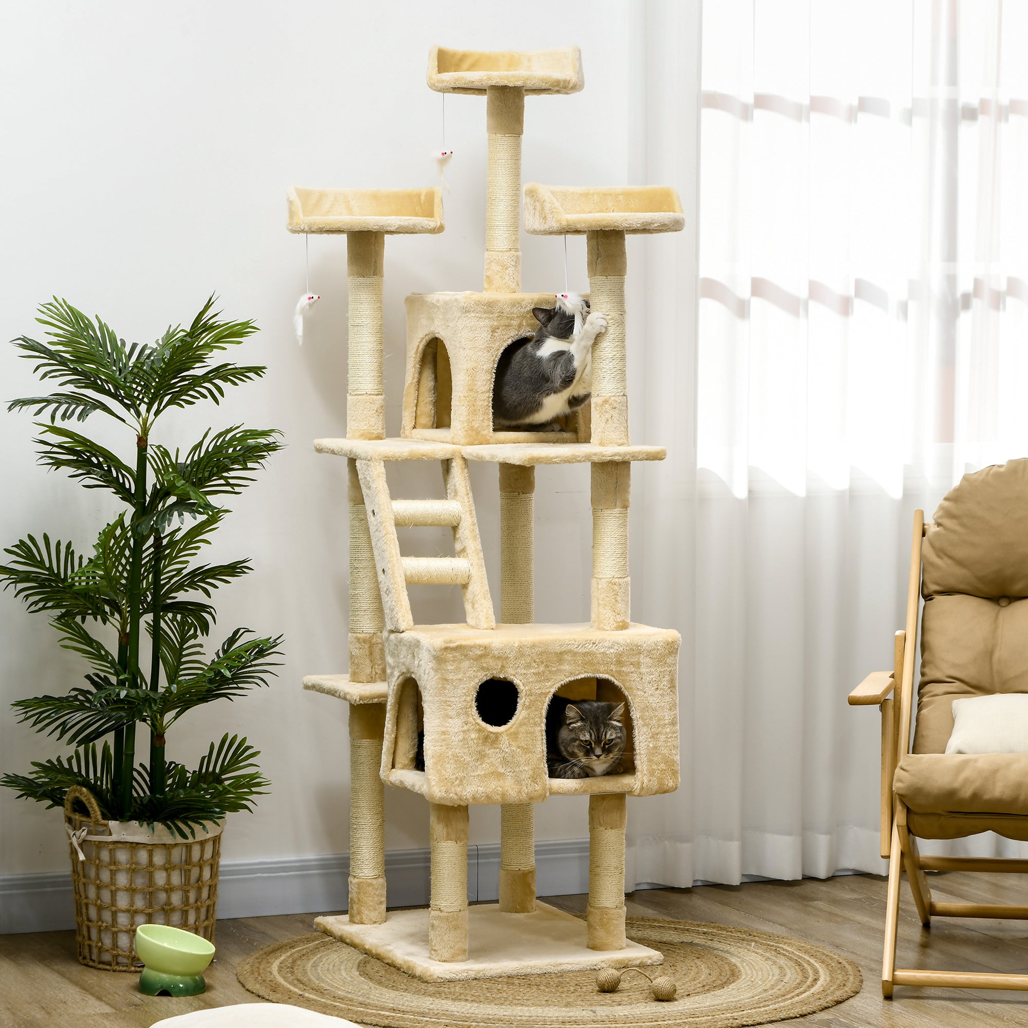 71Inch Cat Tree, Cat Tower with Scratching Post, Cat Houses, Toys, Beige
