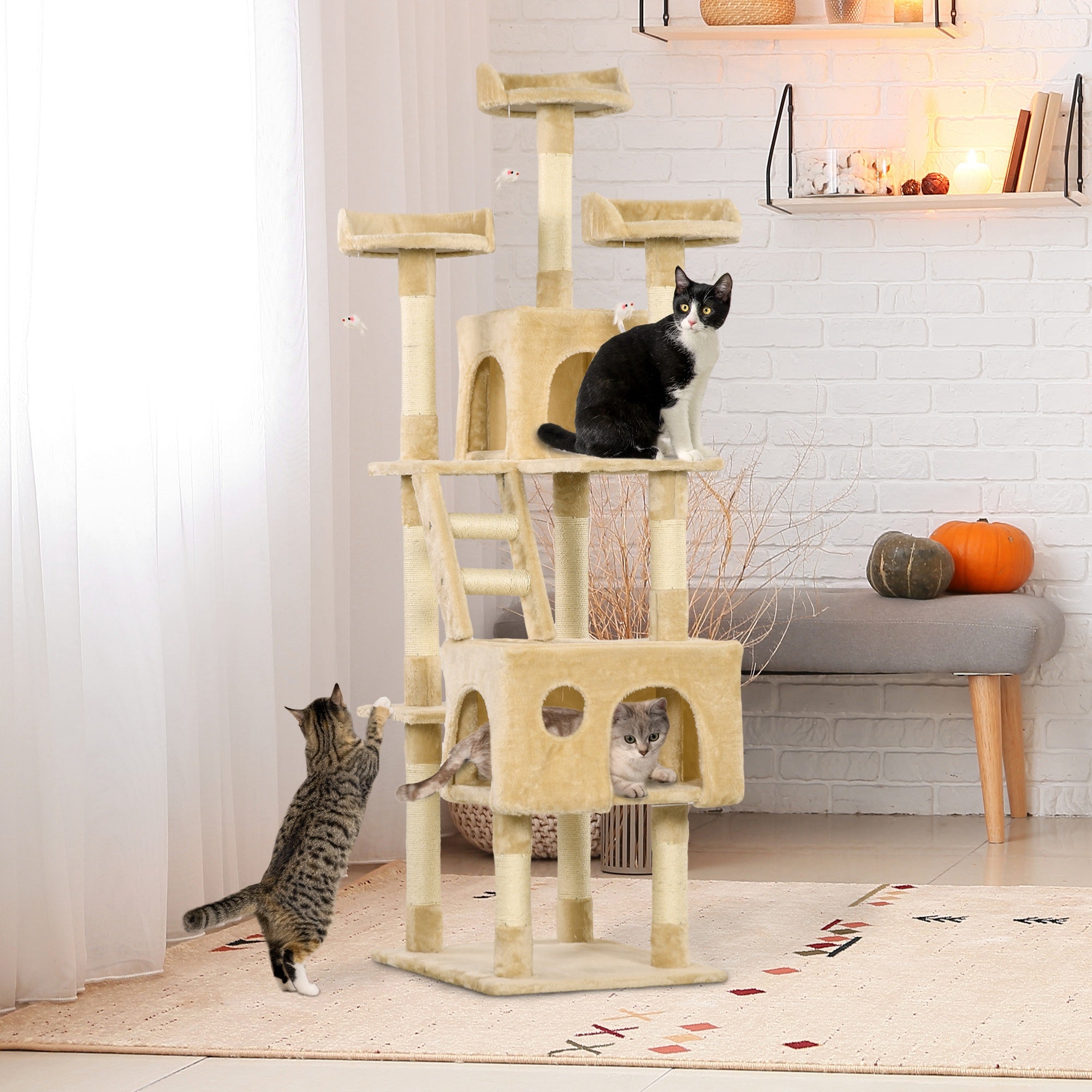 71Inch Cat Tree, Cat Tower with Scratching Post, Cat Houses, Toys, Beige