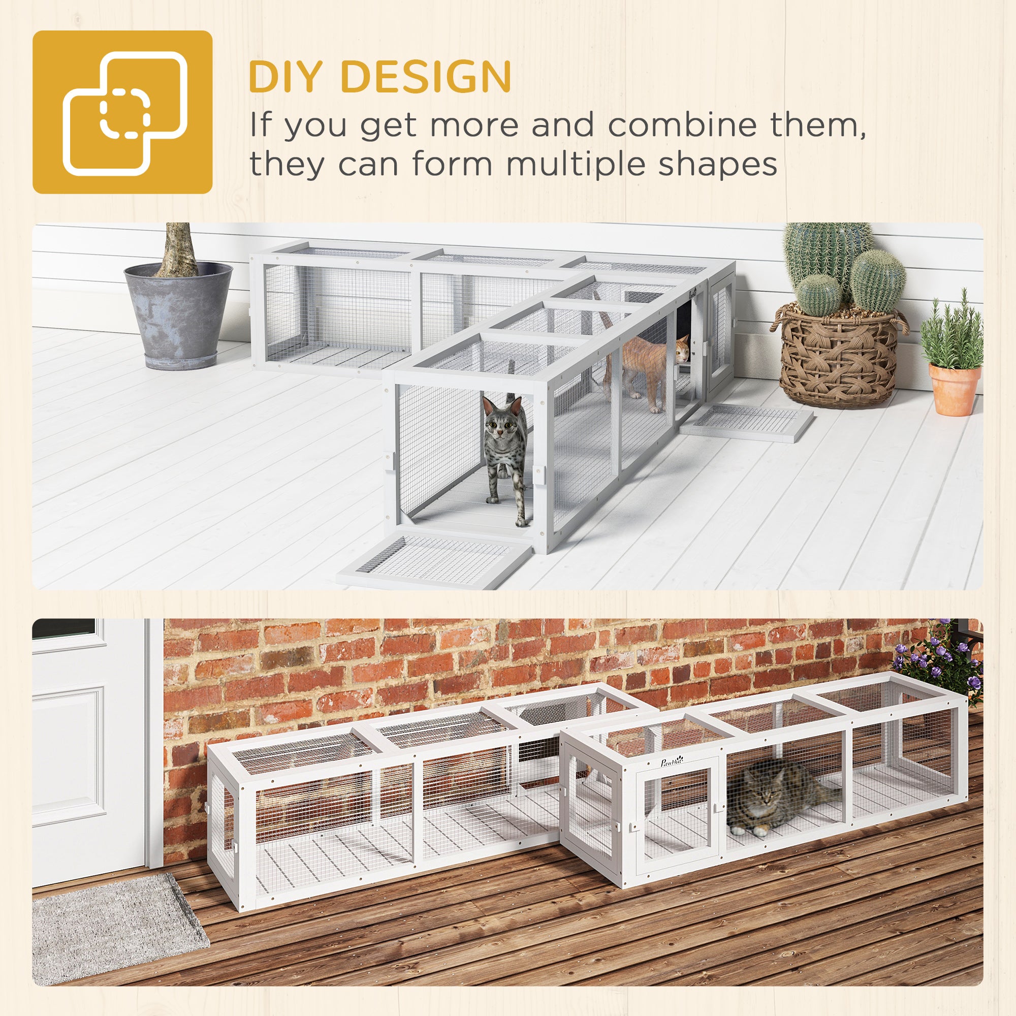 PawHut Outdoor Cat Tunnel with Extendable Design, 59" L Wooden Cat Run with Weather Protection, Connecting Inside and Outside, for Deck Patios, Balconies, White