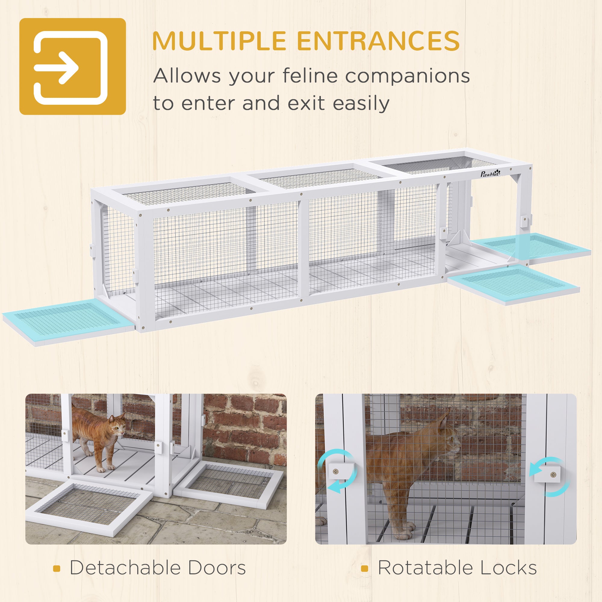PawHut Outdoor Cat Tunnel with Extendable Design, 59" L Wooden Cat Run with Weather Protection, Connecting Inside and Outside, for Deck Patios, Balconies, White