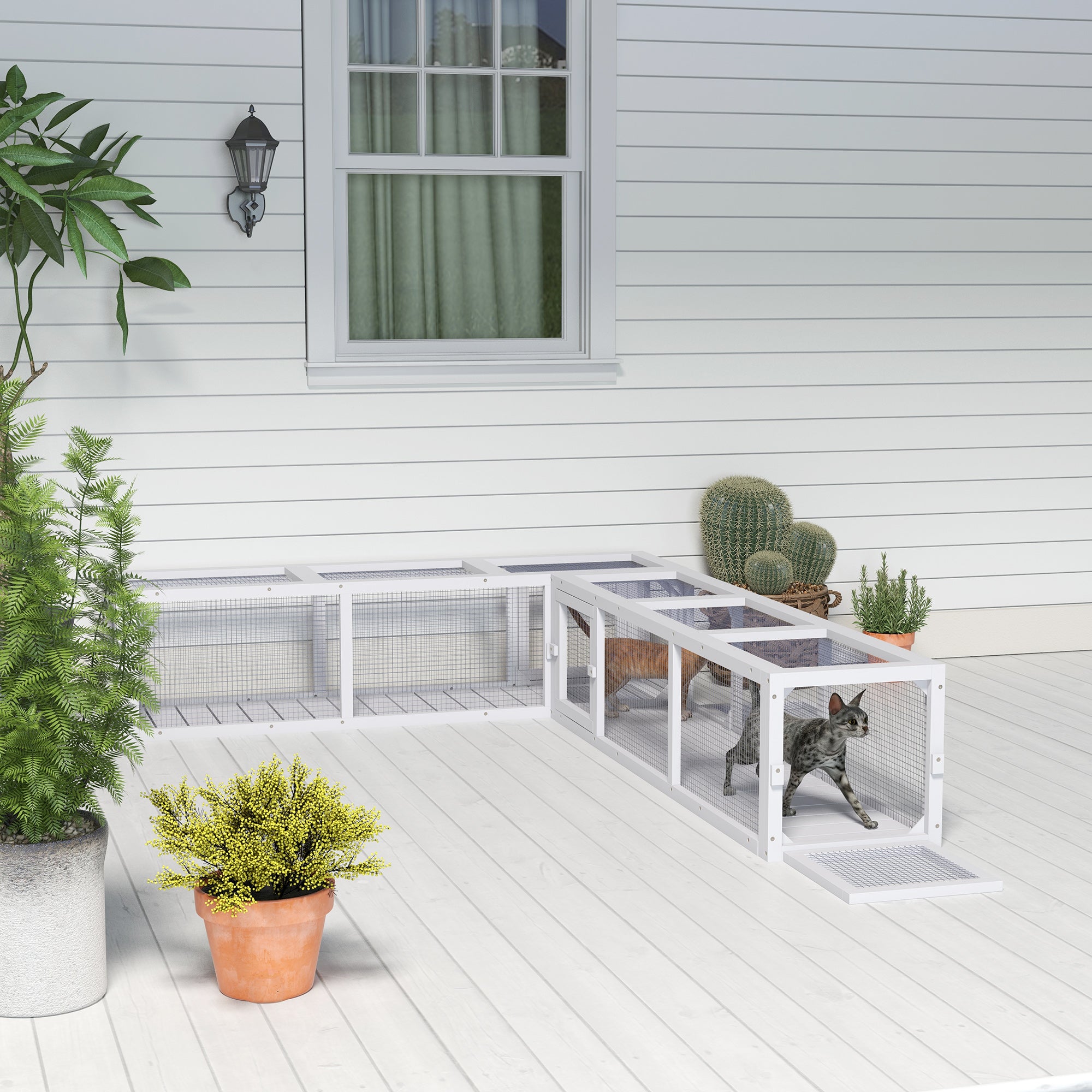 PawHut Outdoor Cat Tunnel with Extendable Design, 59" L Wooden Cat Run with Weather Protection, Connecting Inside and Outside, for Deck Patios, Balconies, White