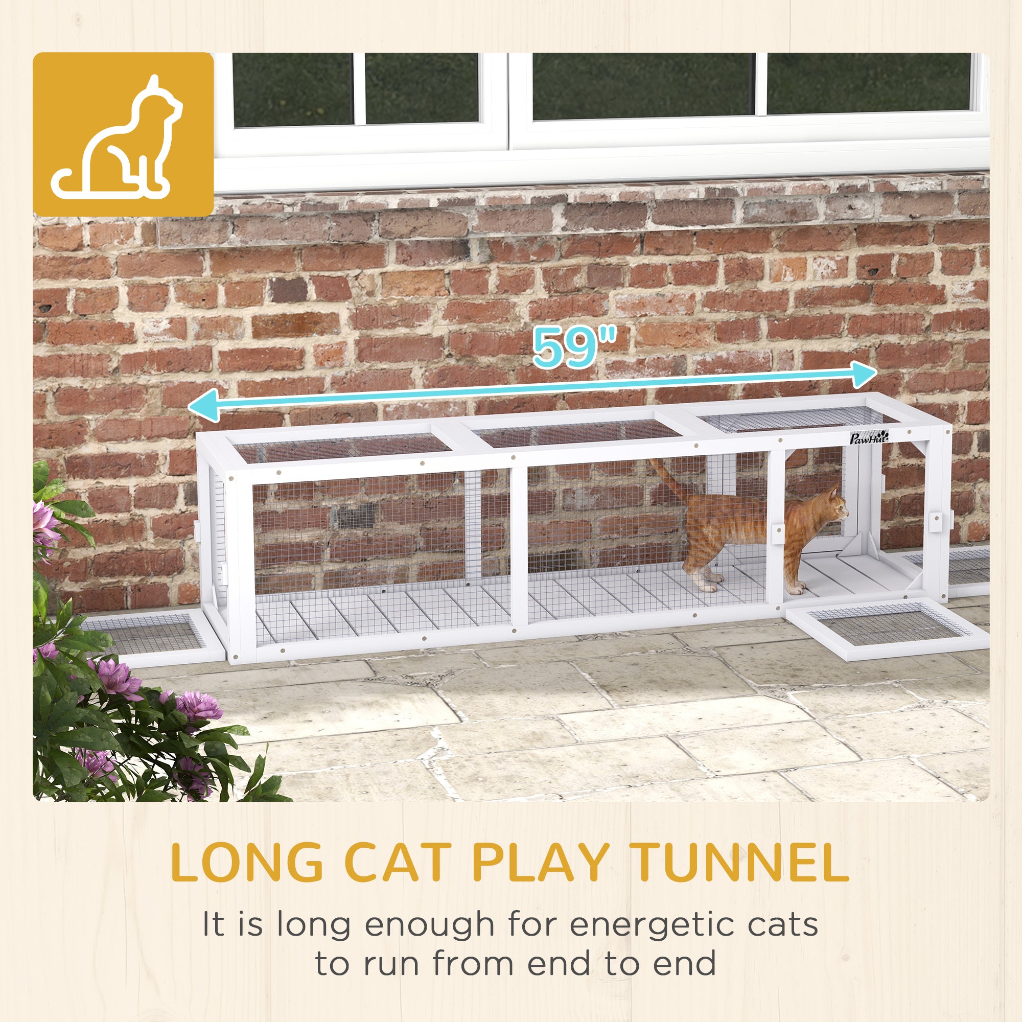 PawHut Outdoor Cat Tunnel with Extendable Design, 59" L Wooden Cat Run with Weather Protection, Connecting Inside and Outside, for Deck Patios, Balconies, White