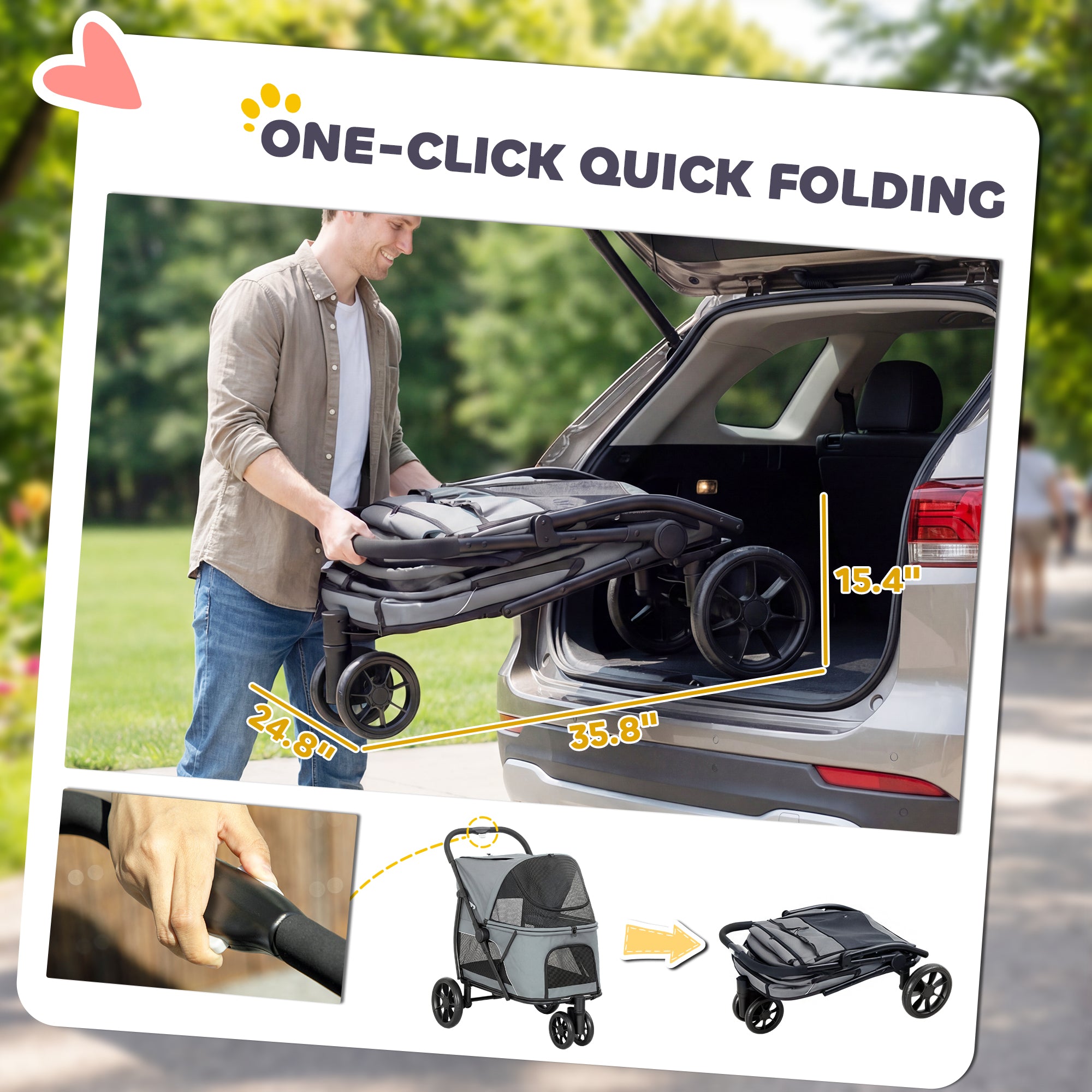 Dog Stroller, 3 Wheels Pet Stroller with Dual Entry, Easy One-Click Quick Fold, Mesh Windows, Washable Cushion, Pet Travel Buggy for Small and Medium Dogs and Cats, Grey