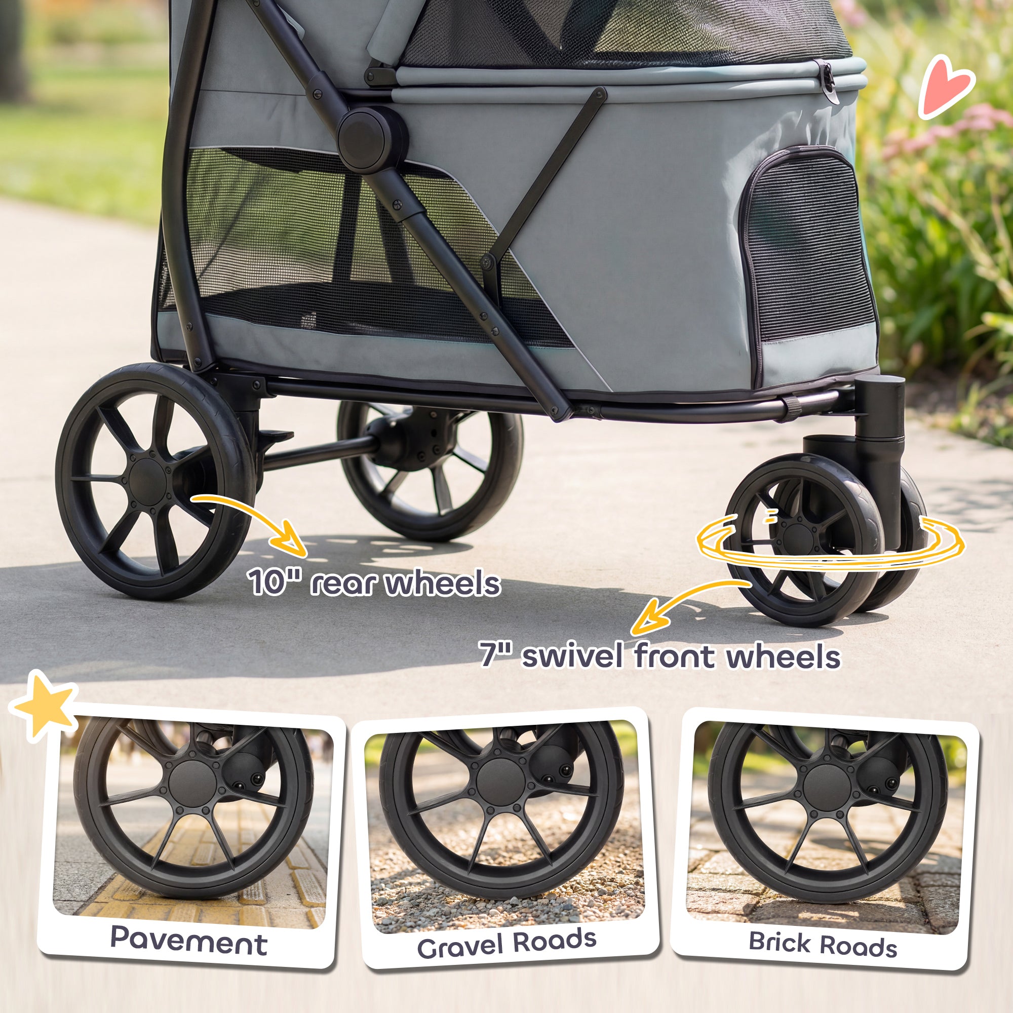 Dog Stroller, 3 Wheels Pet Stroller with Dual Entry, Easy One-Click Quick Fold, Mesh Windows, Washable Cushion, Pet Travel Buggy for Small and Medium Dogs and Cats, Grey