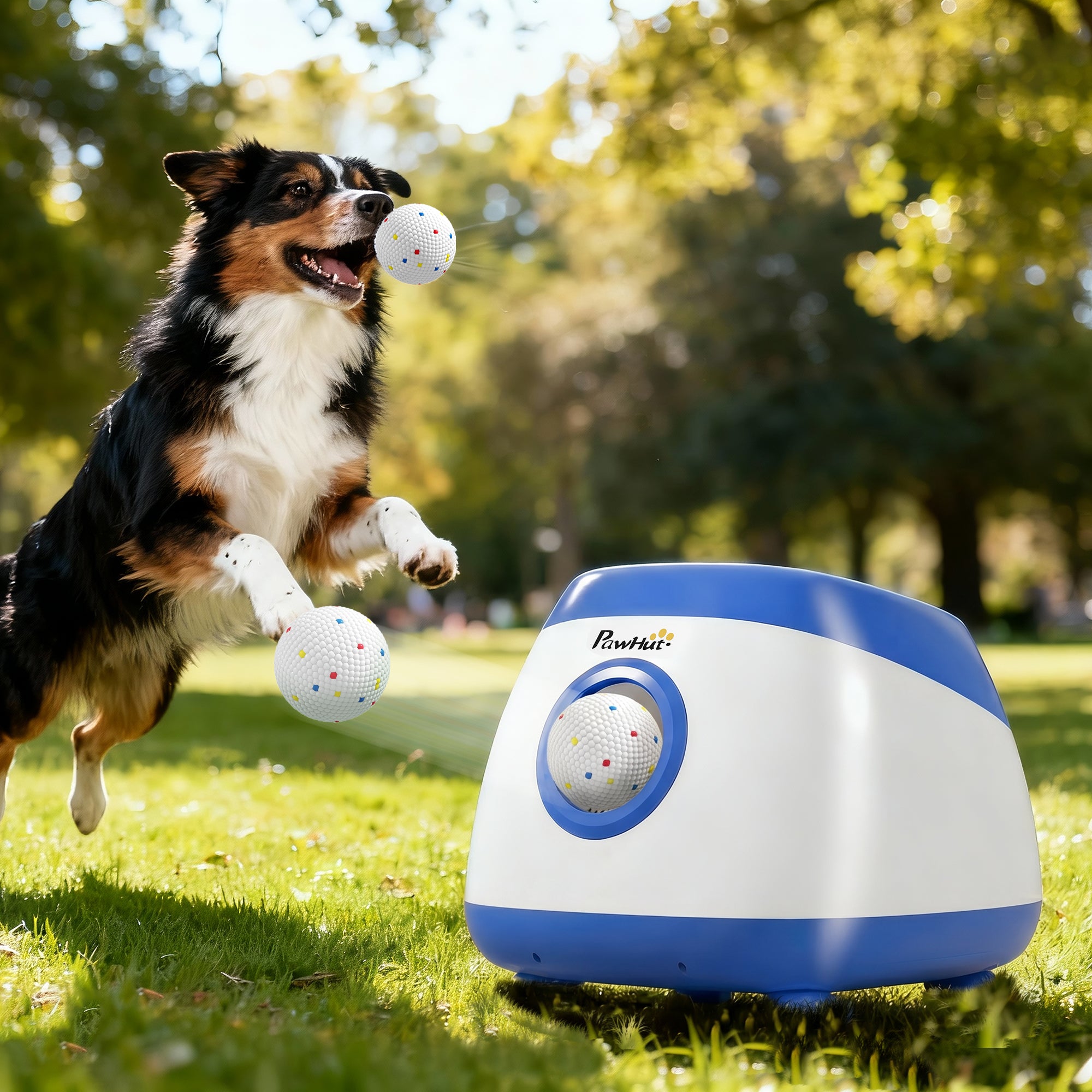 Automatic Dog Ball Launcher, Rechargeable Dog Ball Thrower with Remote Control, 3 Adjustable Distance (39ft/59ft/78ft), 6 ETPU Tennis Fetch Toys 2.5", for Medium Large Breeds, Blue