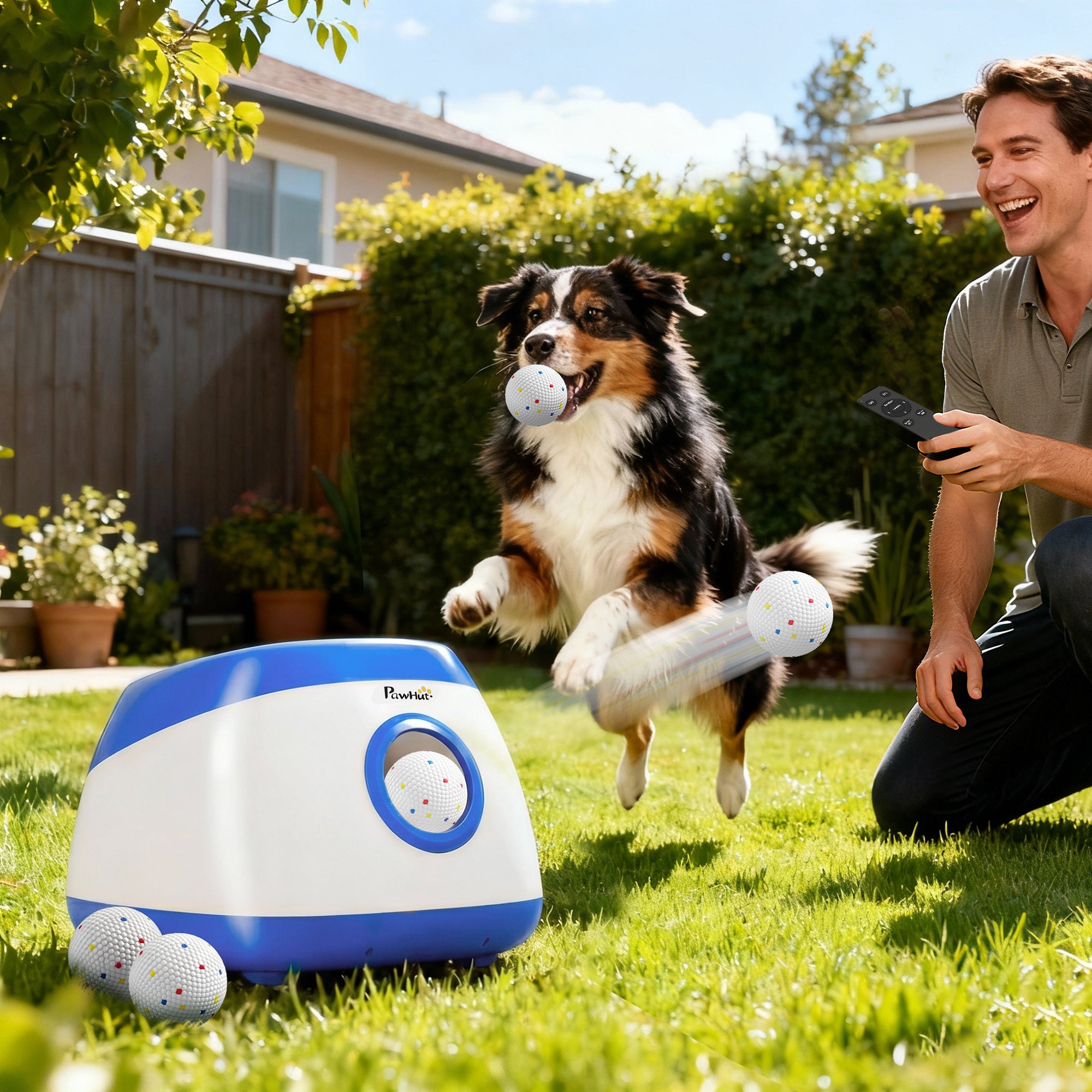 Automatic Dog Ball Launcher, Rechargeable Dog Ball Thrower with Remote Control, 3 Adjustable Distance (39ft/59ft/78ft), 6 ETPU Tennis Fetch Toys 2.5", for Medium Large Breeds, Blue
