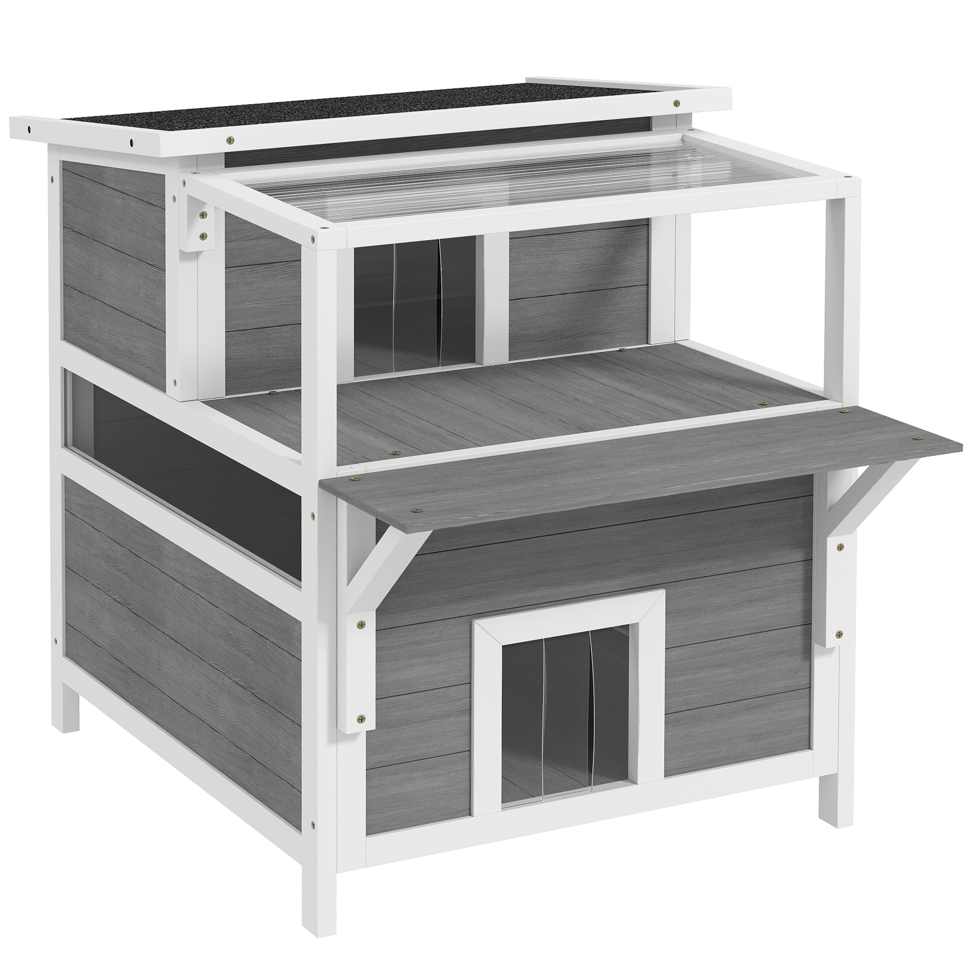 PawHut 2-Story Outdoor Cat House with Balcony, Weatherproof Feral Cat Shelter with Openable Top, Escape Door, Removable Panel & Floor, Wooden Cat House for Outside, Backyard, Light Gray