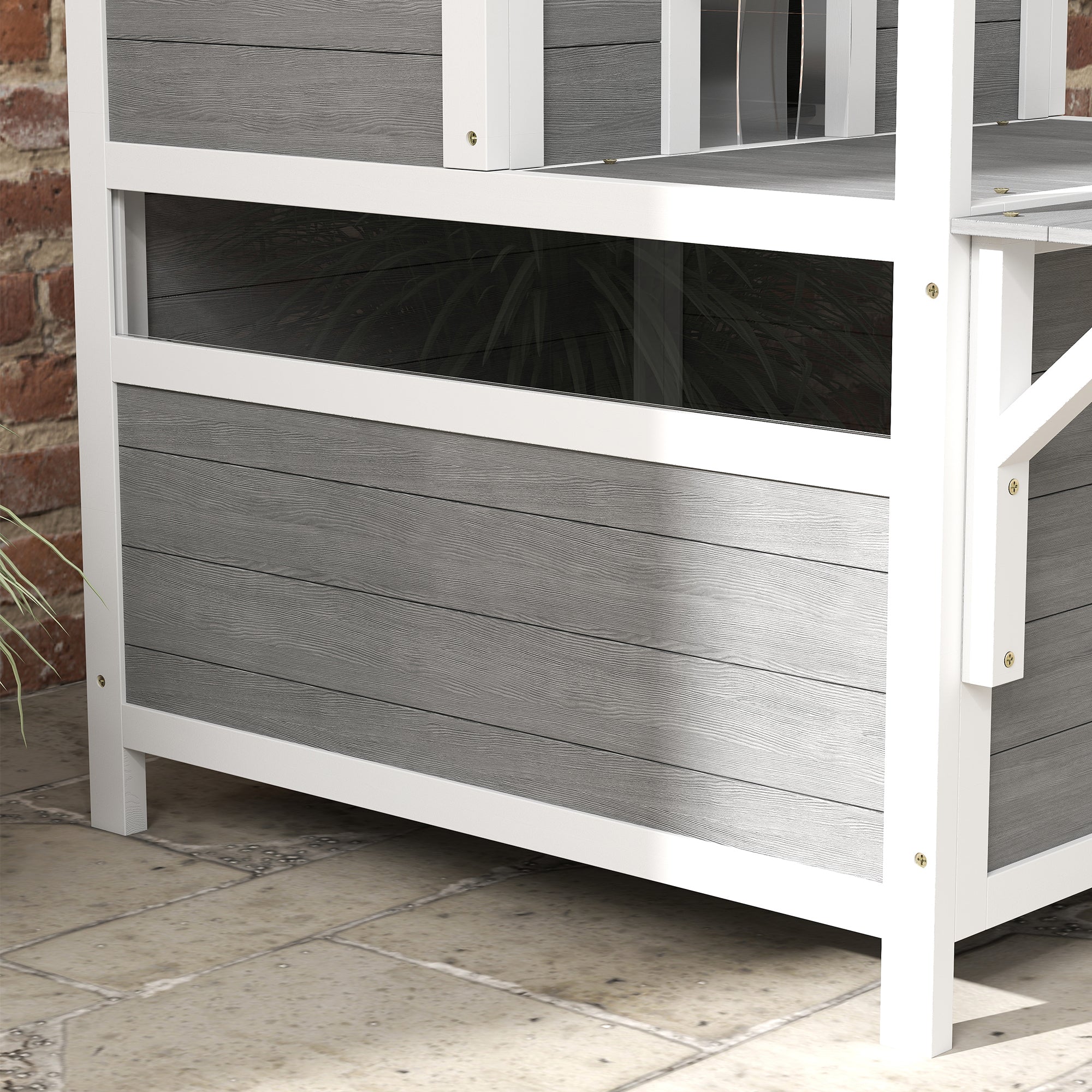 PawHut 2-Story Outdoor Cat House with Balcony, Weatherproof Feral Cat Shelter with Openable Top, Escape Door, Removable Panel & Floor, Wooden Cat House for Outside, Backyard, Light Gray
