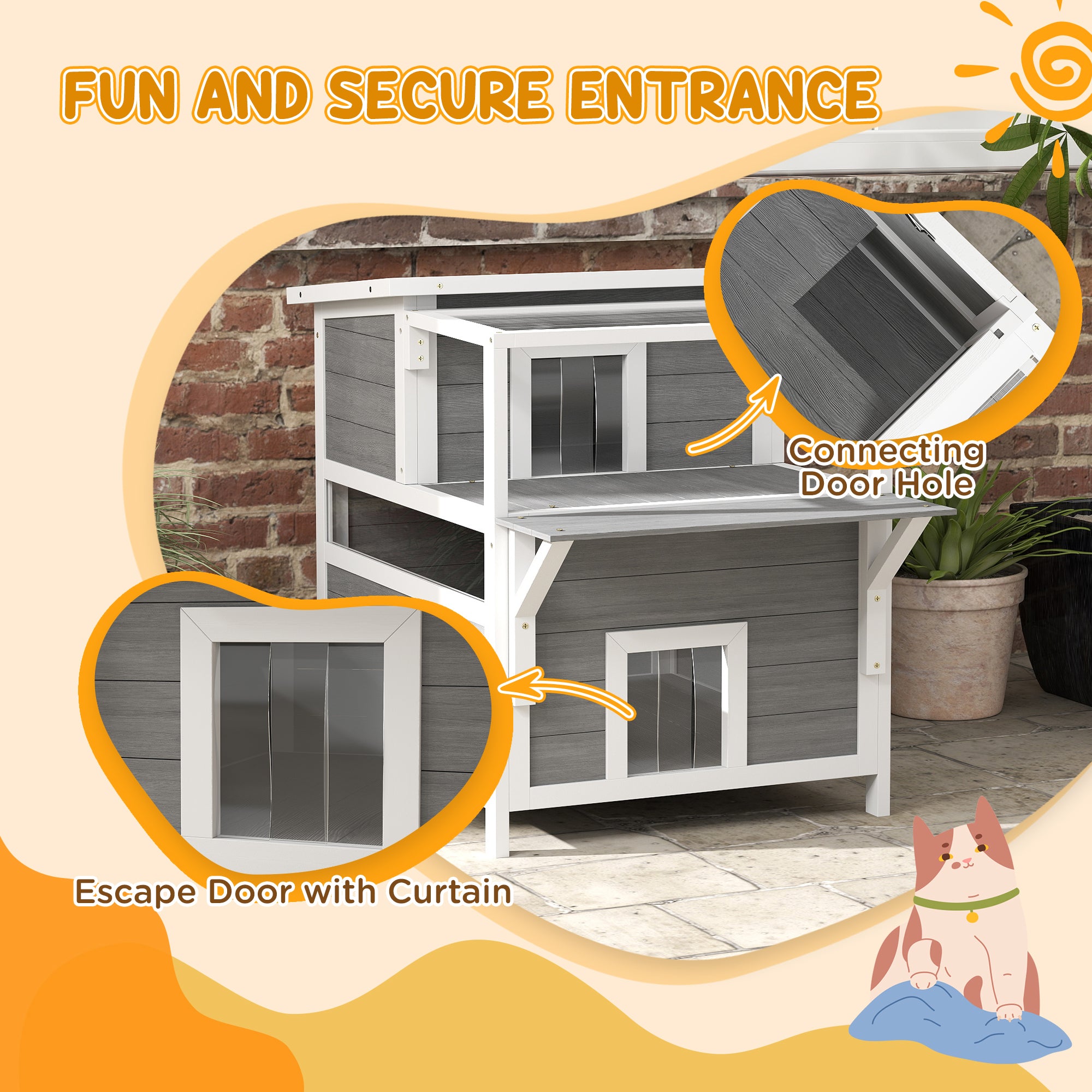 PawHut 2-Story Outdoor Cat House with Balcony, Weatherproof Feral Cat Shelter with Openable Top, Escape Door, Removable Panel & Floor, Wooden Cat House for Outside, Backyard, Light Gray