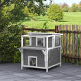 Load image into Gallery viewer, PawHut 2-Story Outdoor Cat House with Balcony, Weatherproof Feral Cat Shelter with Openable Top, Escape Door, Removable Panel & Floor, Wooden Cat House for Outside, Backyard, Light Gray
