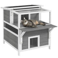 Load image into Gallery viewer, PawHut 2-Story Outdoor Cat House with Balcony, Weatherproof Feral Cat Shelter with Openable Top, Escape Door, Removable Panel & Floor, Wooden Cat House for Outside, Backyard, Light Gray

