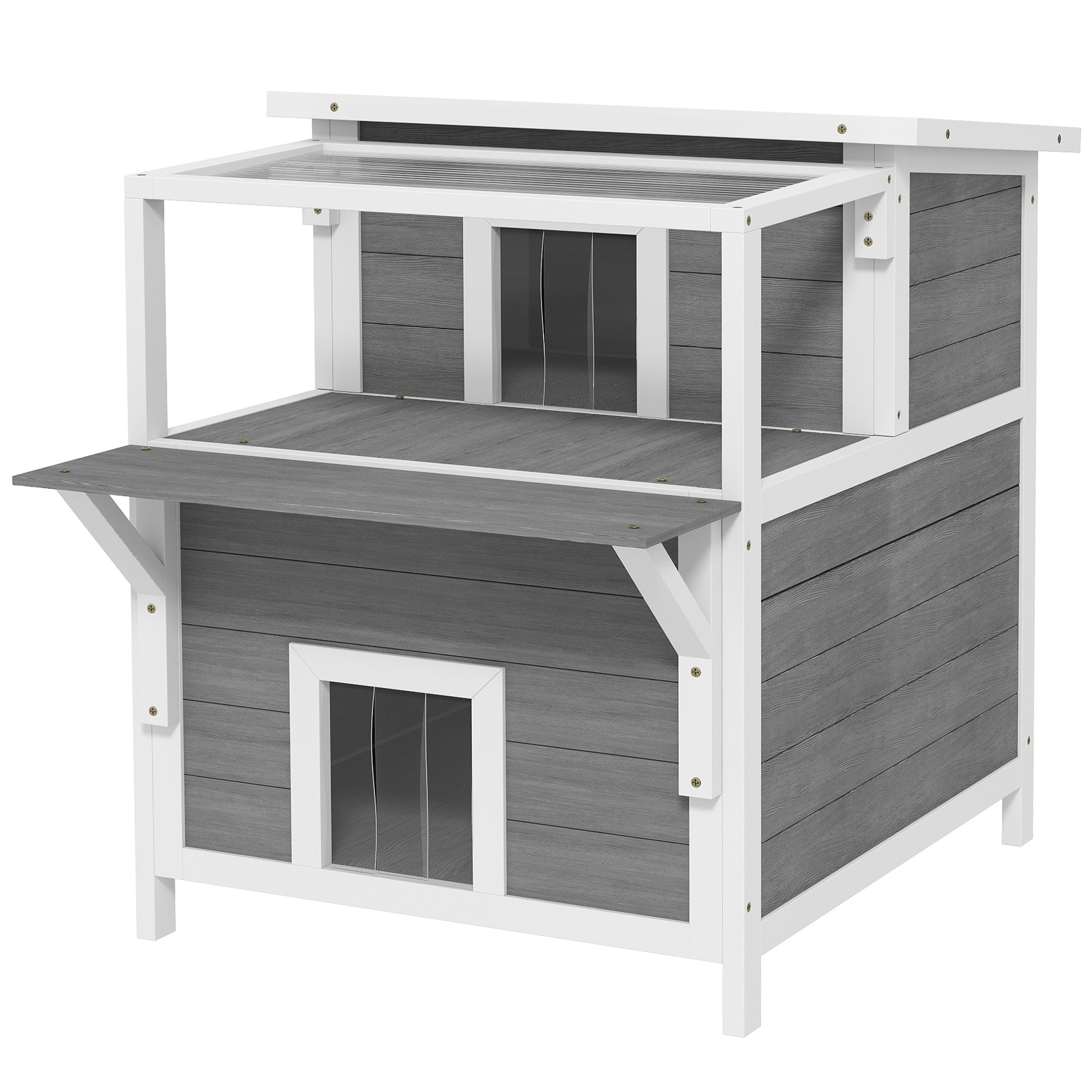 PawHut 2-Story Outdoor Cat House with Balcony, Weatherproof Feral Cat Shelter with Openable Top, Escape Door, Removable Panel & Floor, Wooden Cat House for Outside, Backyard, Light Gray