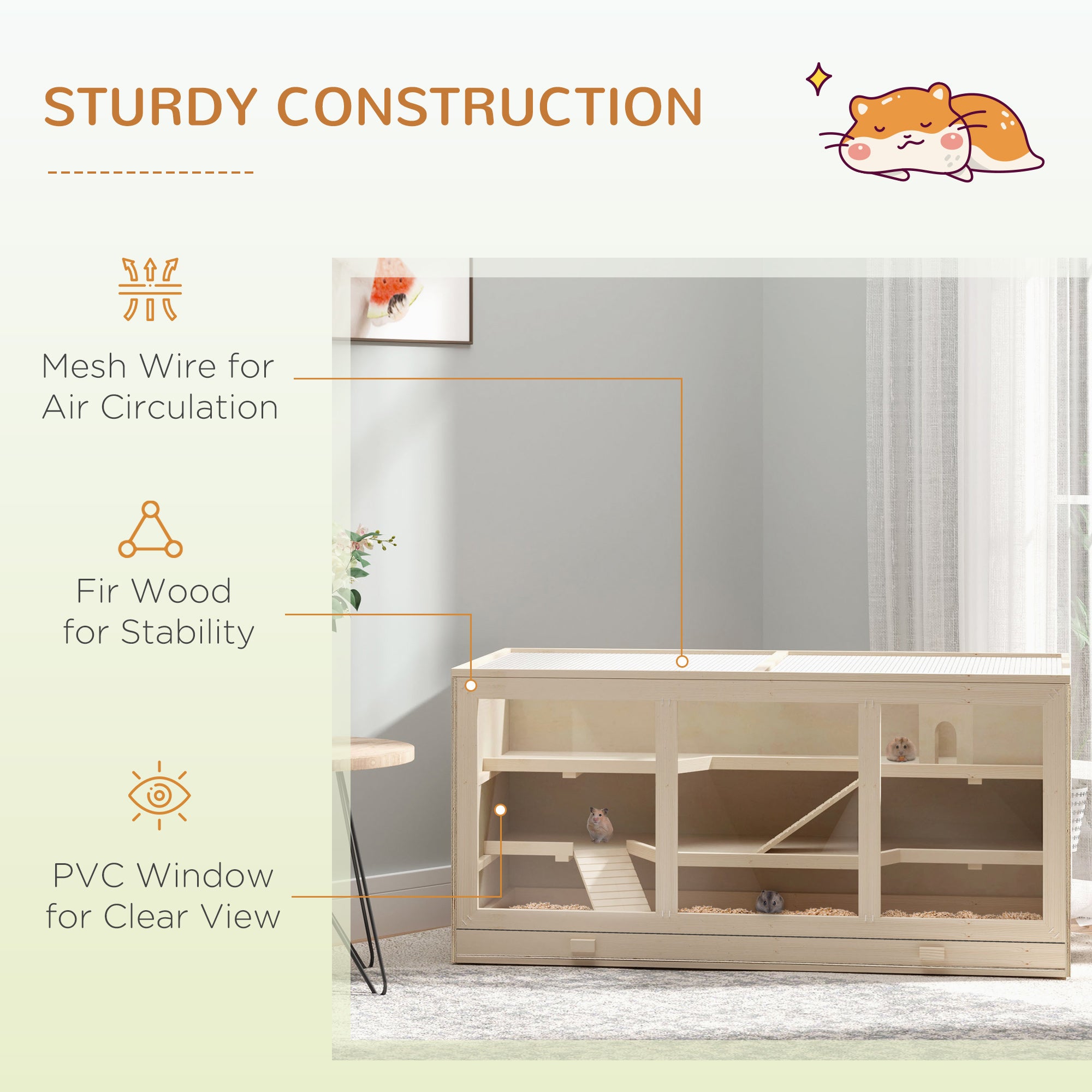 Wooden Hamster Cage, Small Animals Hutch with Tray, Openable Top, Exercise Run, Natural