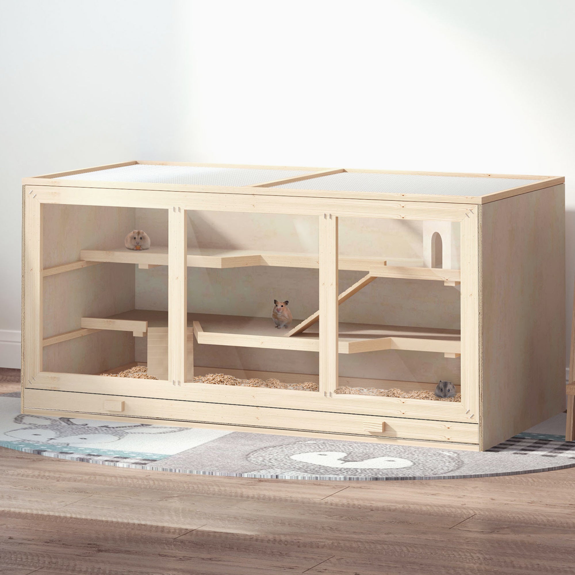Wooden Hamster Cage, Small Animals Hutch with Tray, Openable Top, Exercise Run, Natural