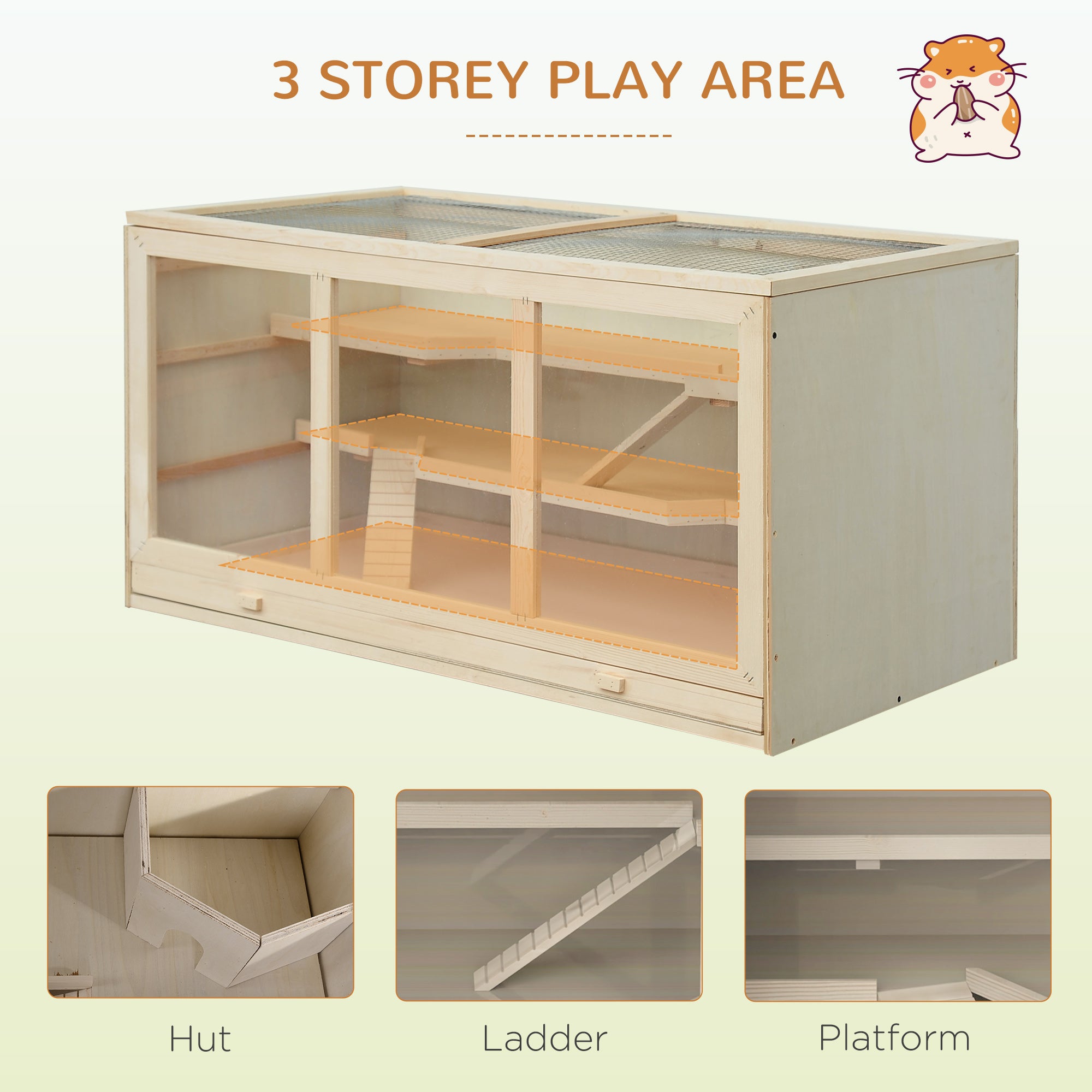 Wooden Hamster Cage, Small Animals Hutch with Tray, Openable Top, Exercise Run, Natural