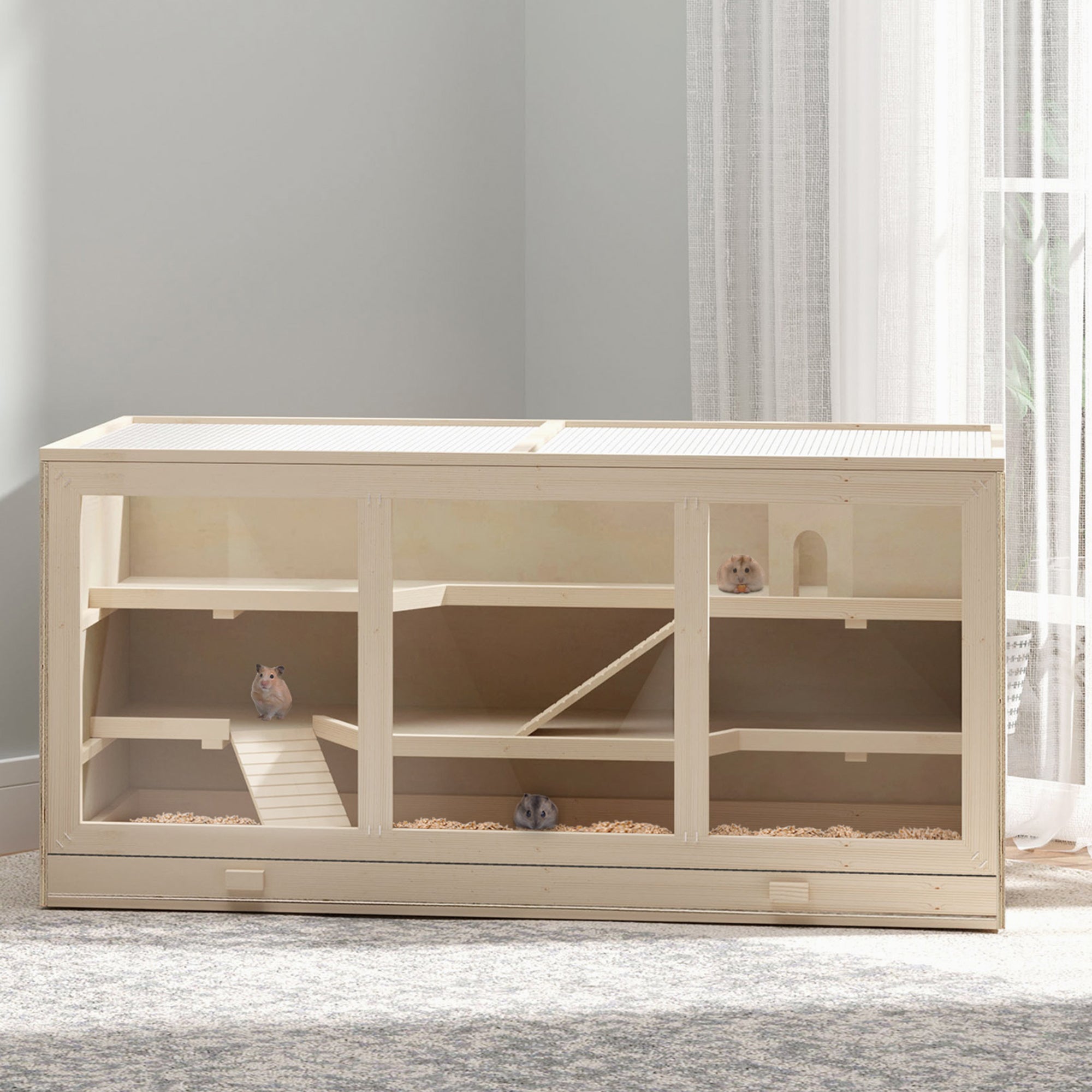 Wooden Hamster Cage, Small Animals Hutch with Tray, Openable Top, Exercise Run, Natural