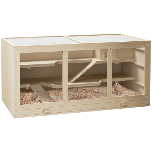 Wooden Hamster Cage, Mouse Mice Rat Cage Small Animal Cage, 3 Tier Exercise Play House with Slide, Tray, Natural Wood
