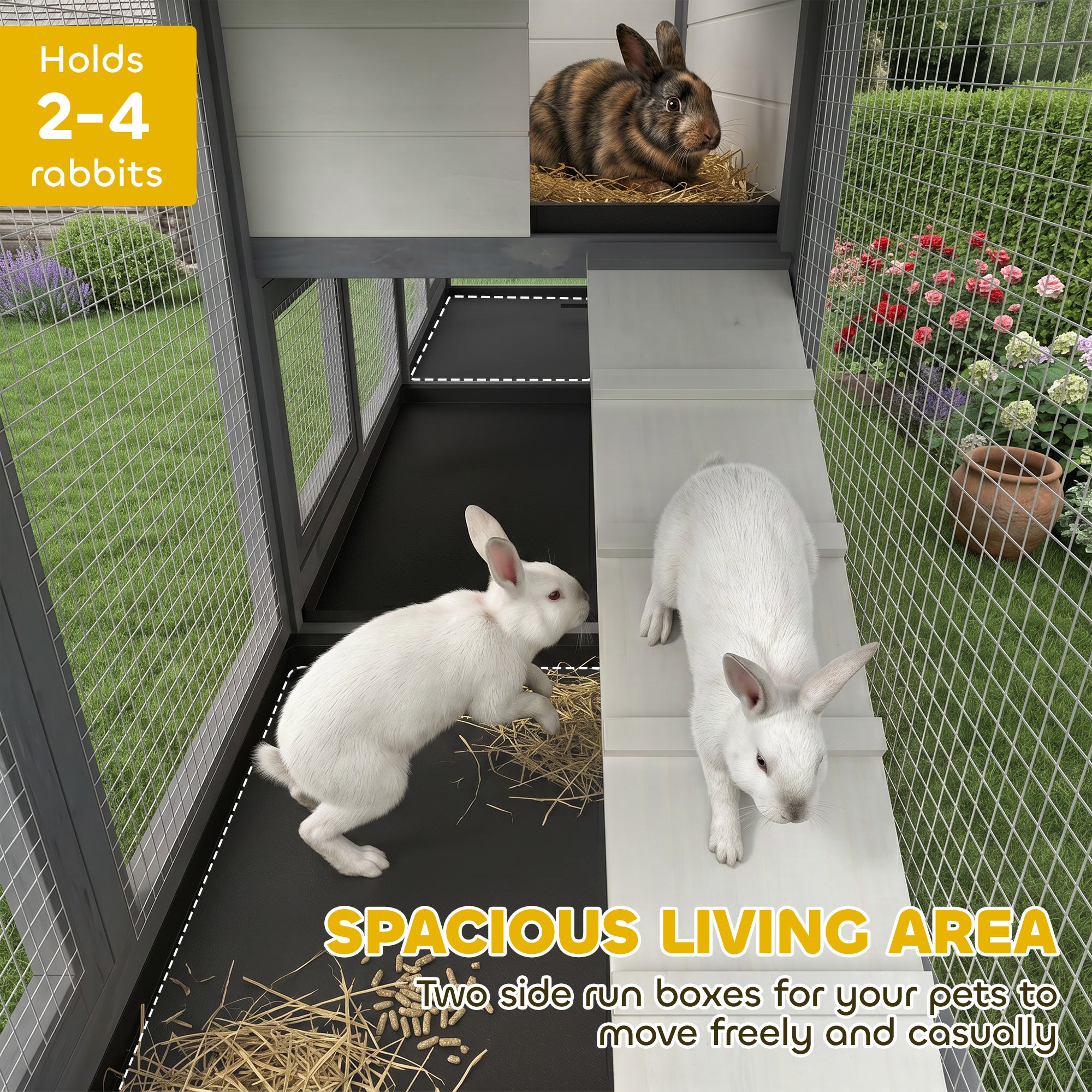 Large Rabbit Hutch, 2-Tier Wooden Guinea Pig Hutch with Double Side Run Boxes, Outdoor Bunny Cage Hide House with Waterproof Roof, Sliding Tray, Ramp, 230 x 53 x 93.5cm, Light Grey