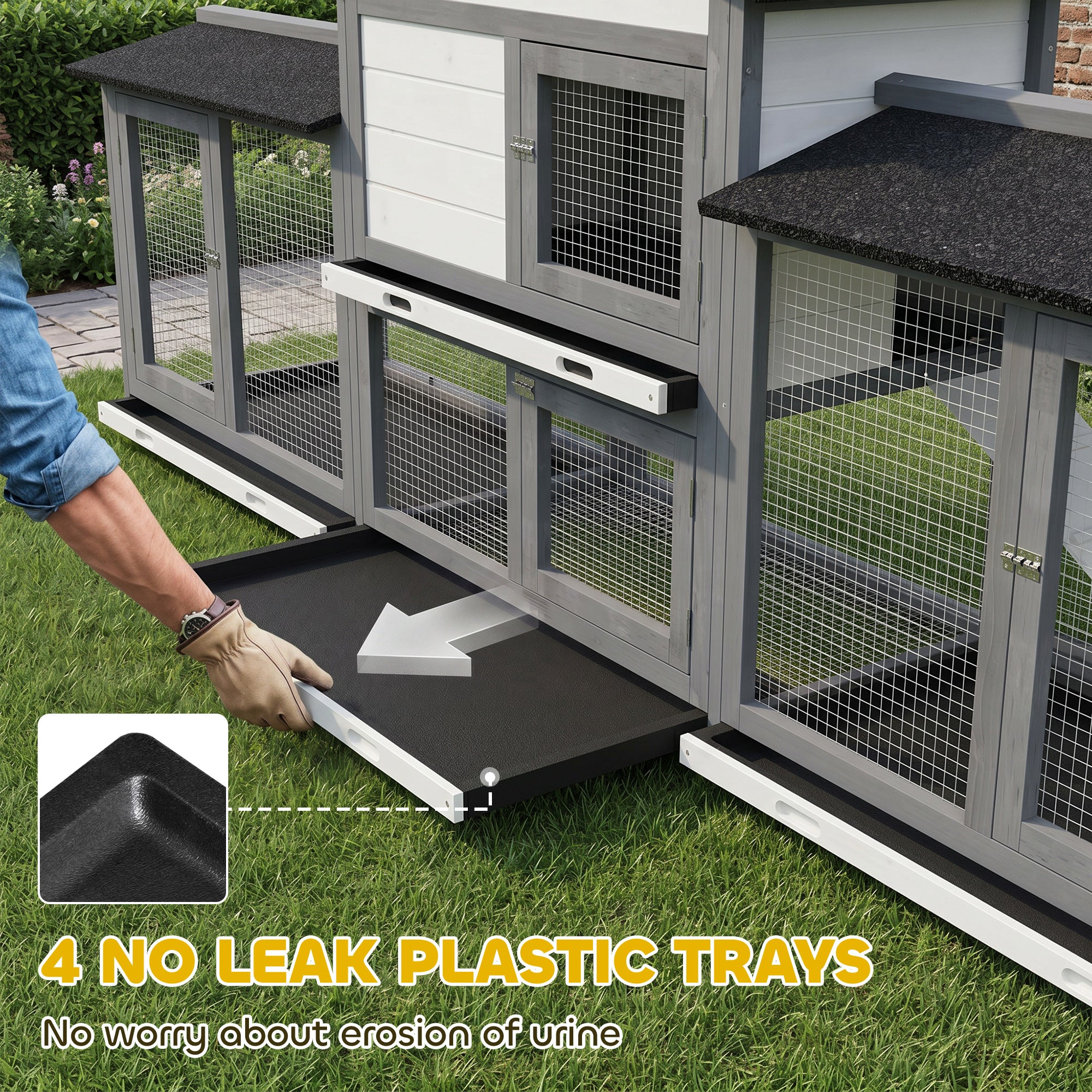 Large Rabbit Hutch, 2-Tier Wooden Guinea Pig Hutch with Double Side Run Boxes, Outdoor Bunny Cage Hide House with Waterproof Roof, Sliding Tray, Ramp, 230 x 53 x 93.5cm, Light Grey