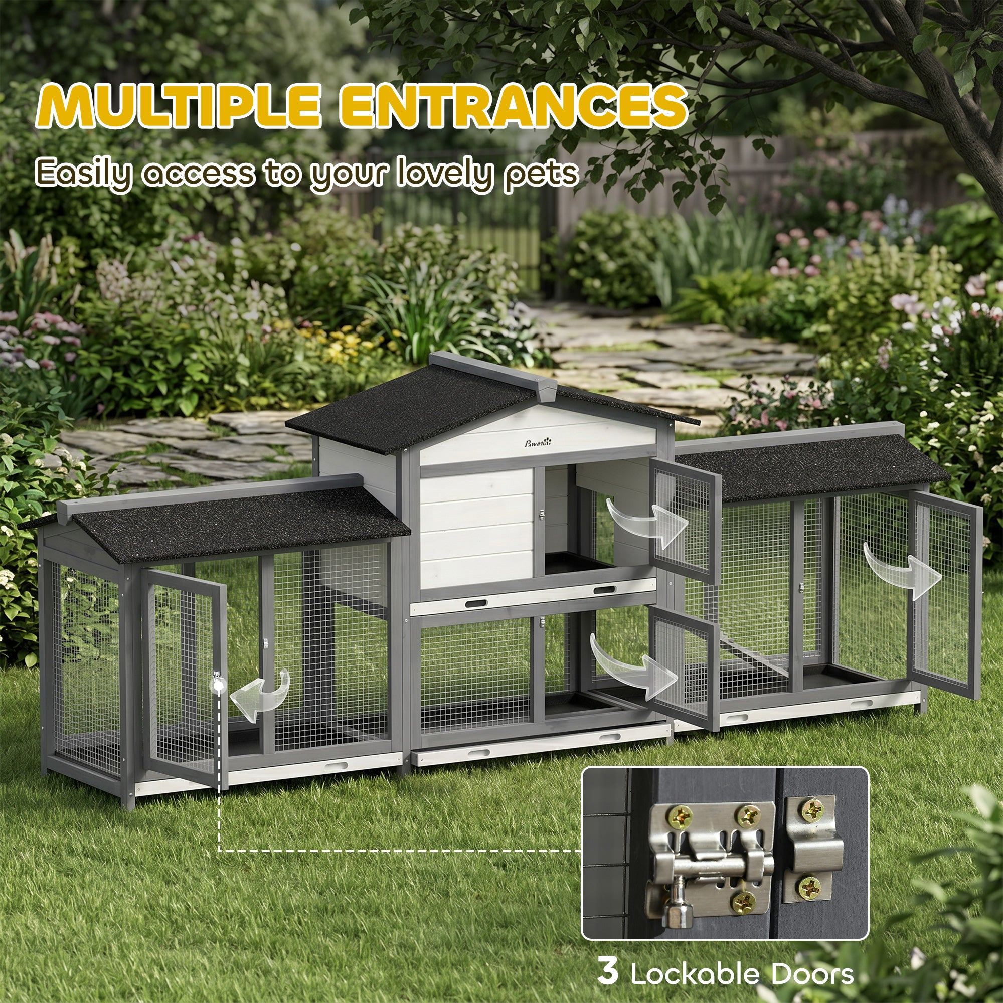 Large Rabbit Hutch, 2-Tier Wooden Guinea Pig Hutch with Double Side Run Boxes, Outdoor Bunny Cage Hide House with Waterproof Roof, Sliding Tray, Ramp, 230 x 53 x 93.5cm, Light Grey