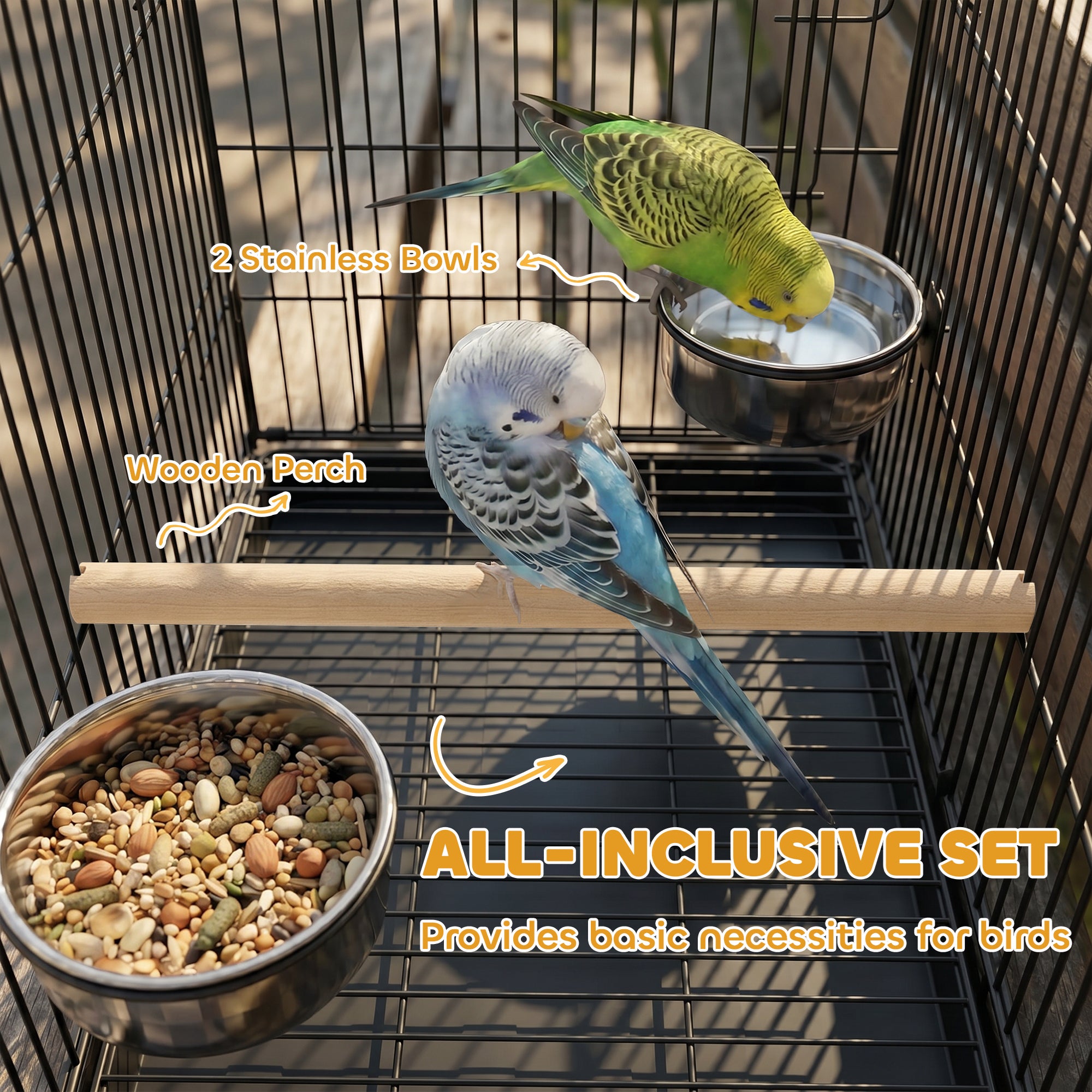 Foldable Bird Cage, Metal Bird Travel Carrier Cage with Wood Perch, Food Bowls, Slide-Out Tray and Handle for Canaries, Finches, Lovebirds, Parakeets, Black
