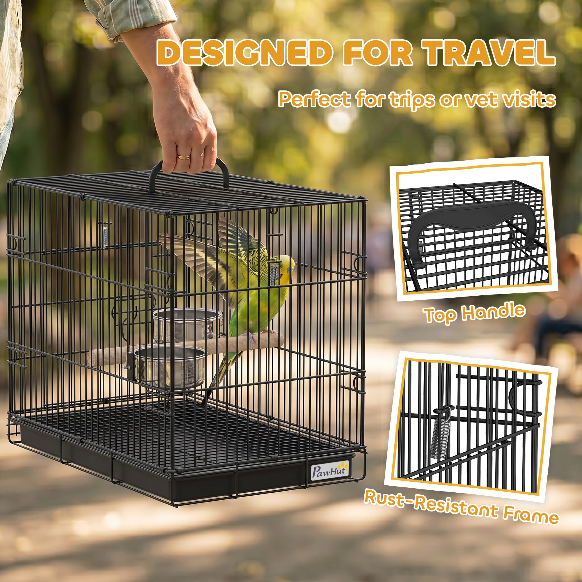 Foldable Bird Cage, Metal Bird Travel Carrier Cage with Wood Perch, Food Bowls, Slide-Out Tray and Handle for Canaries, Finches, Lovebirds, Parakeets, Black