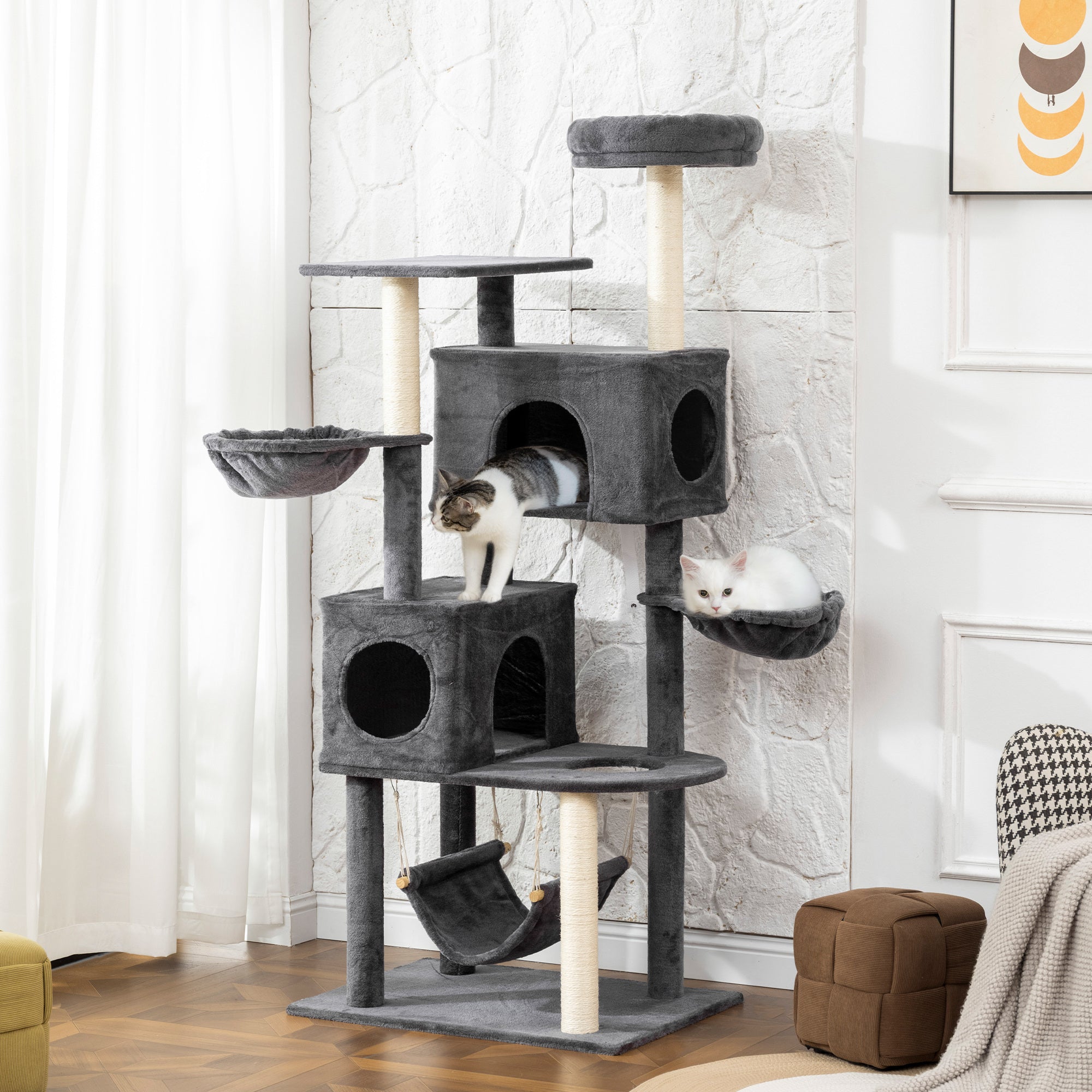 Cat Tree, 66 Inch Large Cat Tower with 2 Door Condos, 3 Big Hammocks, Plush Top Perch, Sisal Scratching Posts, Multi-level Kitty Tree for Indoor Kittens, Dark Grey