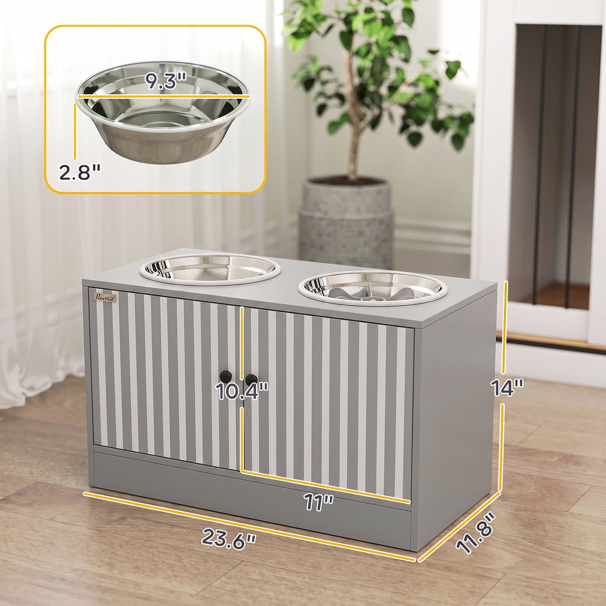 Elevated Dog Bowls with Storage Cabinet, Raised Dog Bowl Stand, Pet Feeding Station with Slow Feeder & Non-Slip, for Large Pets, Gray