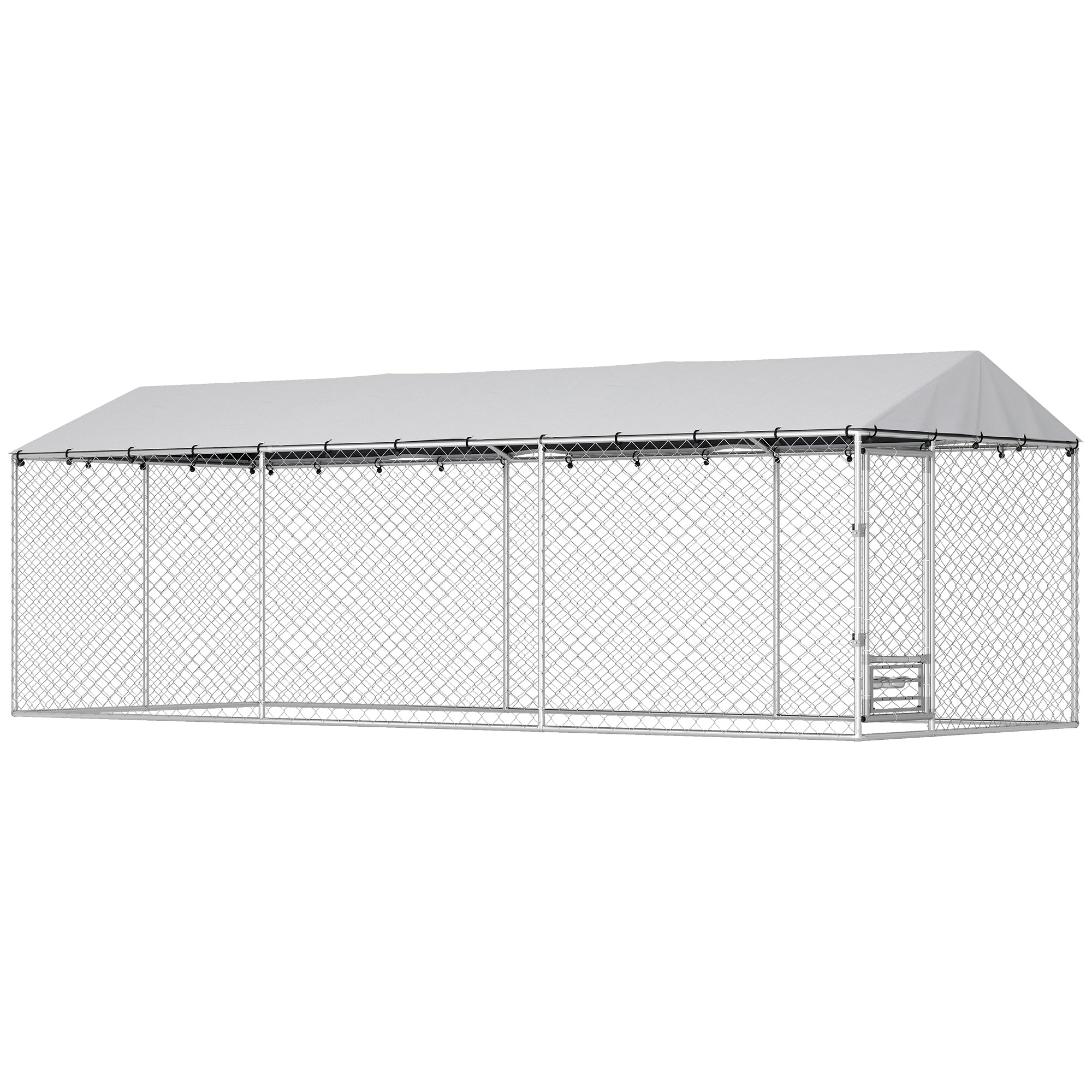Outdoor Dog Kennel with Roof, 20' x 7.5' x 6.5' Chain Link Dog Run with Waterproof UV-Resistant Cover, Double Secure Locks, Adjustable Rotating Bowls, for Large Breeds, Chickens, Ducks, Geese