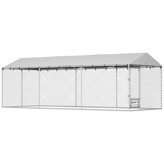 Outdoor Dog Kennel with Roof, 20' x 7.5' x 6.5' Chain Link Dog Run with Waterproof UV-Resistant Cover, Double Secure Locks, Adjustable Rotating Bowls, for Large Breeds, Chickens, Ducks, Geese