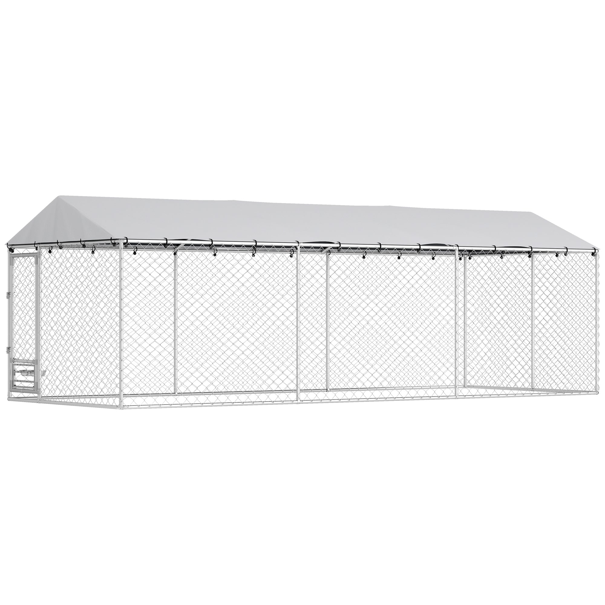Outdoor Dog Kennel with Roof, 20' x 7.5' x 6.5' Chain Link Dog Run with Waterproof UV-Resistant Cover, Double Secure Locks, Adjustable Rotating Bowls, for Large Breeds, Chickens, Ducks, Geese
