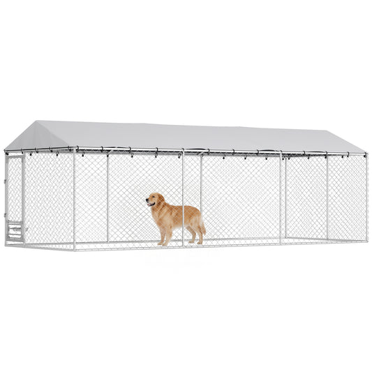 Outdoor Dog Kennel with Roof, 20' x 7.5' x 6.5' Chain Link Dog Run with Waterproof UV-Resistant Cover, Double Secure Locks, Adjustable Rotating Bowls, for Large Breeds, Chickens, Ducks, Geese