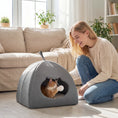 Load image into Gallery viewer, Cat Cave Bed for Indoor Kittens, Cat House with Removable Cushion and Teaser Ball, Kitty Igloo with Anti-Slip Base, 42 x 42 x 39 cm, Grey
