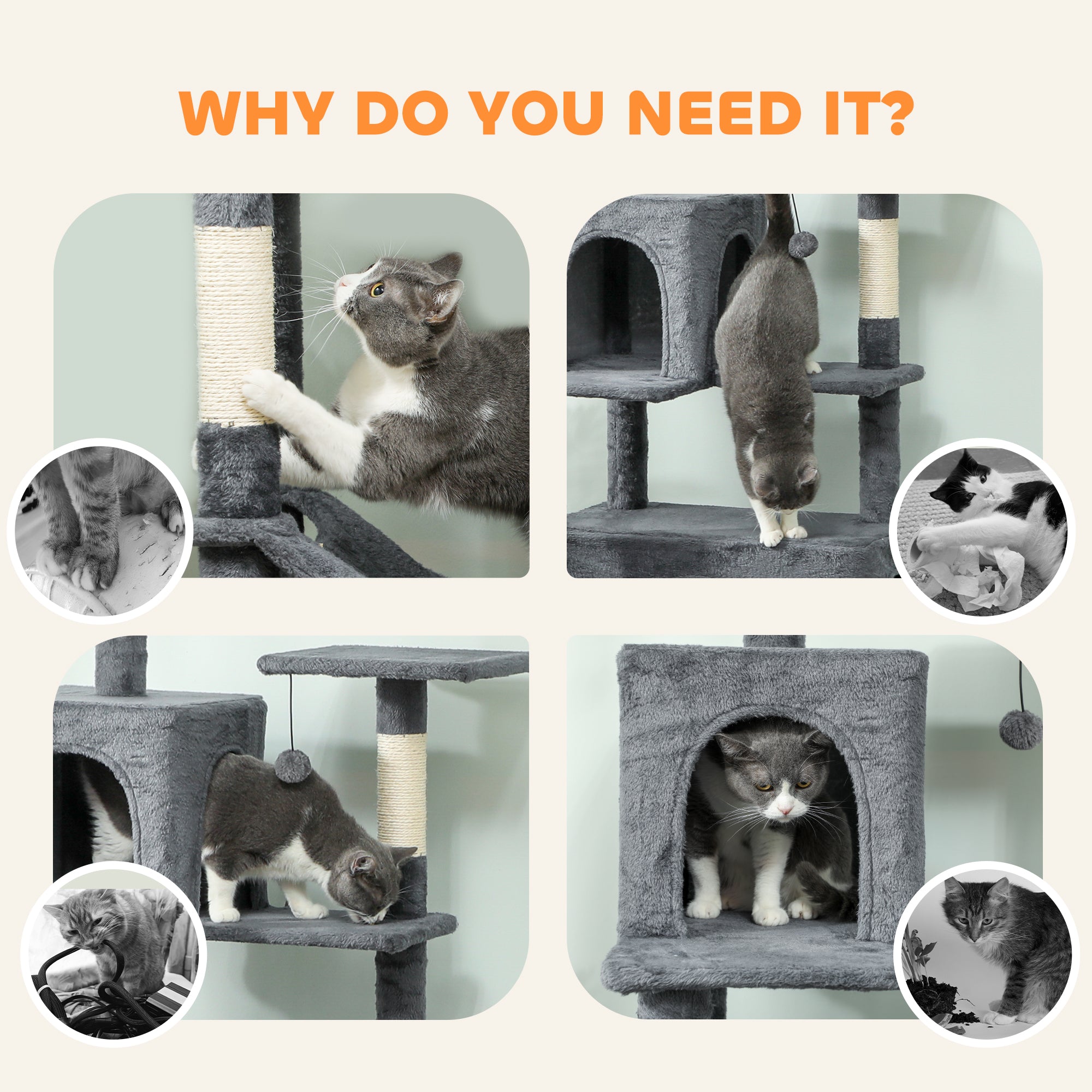 Cat Tree, 202cm Large Cat Tower for Indoor Kittens with 6 Scratching Posts, 2 Condos, 2 Perches, 2 Hammocks, Pompoms, Multi-Level Plush Kitty Activity Centre for Rest and Play, Dark Grey
