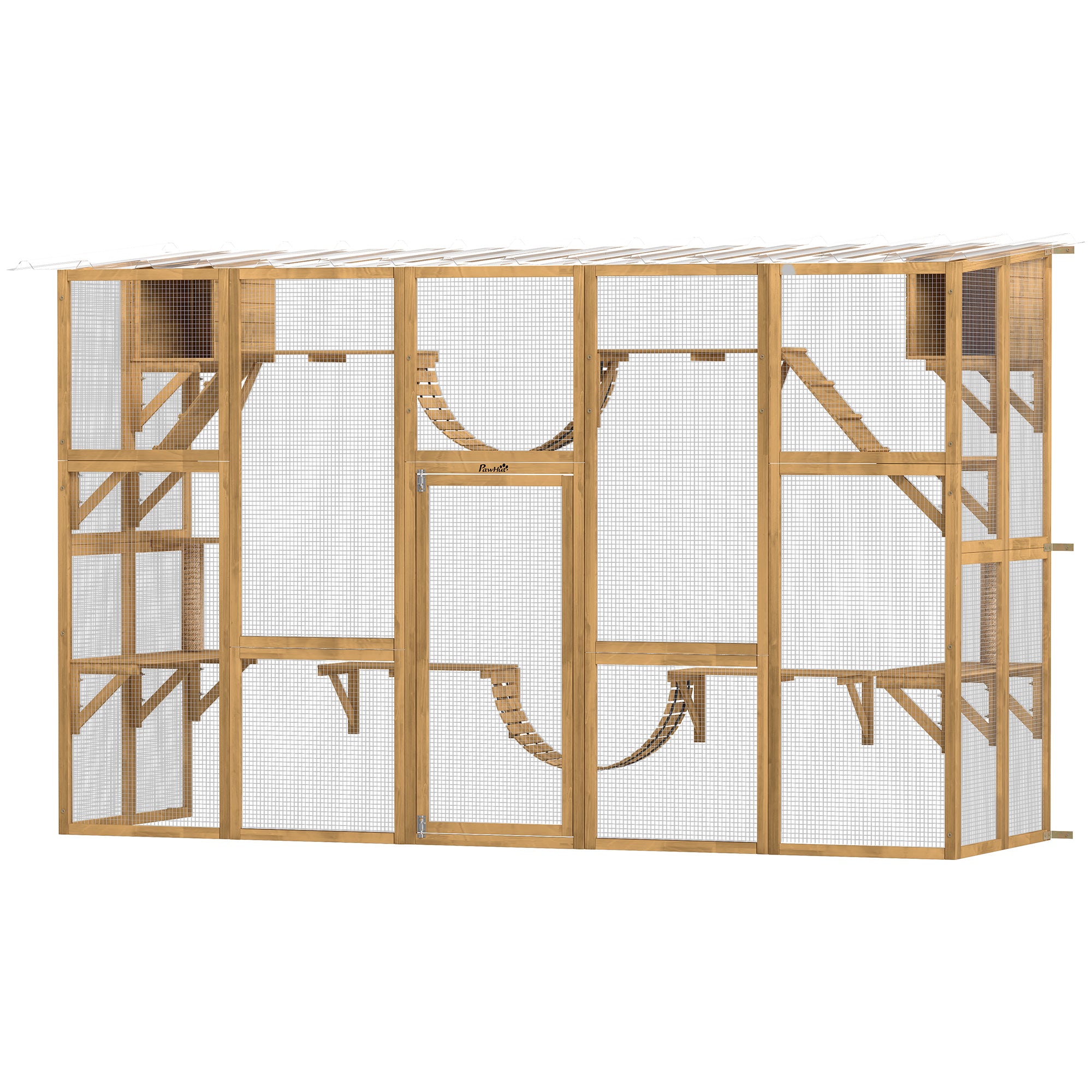 Catio Outdoor Cat Enclosure Window, Outdoor Cat House with Weather Protection Roof for Multiple Kitties, Wooden Frame, Shelves & Bridges, 118" x 37.5" x 74", Yellow