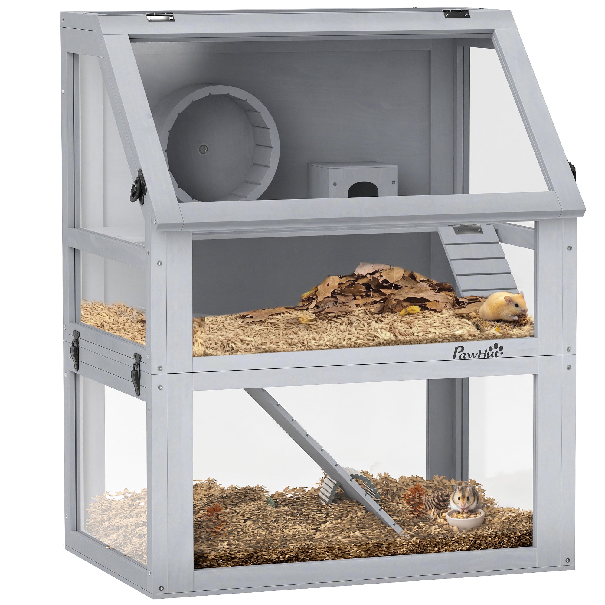 Wooden Hamster Cage, 3 Tier Small Animal Cage with Detachable 12.6" Deep Bottom, Hut, Seesaw, Exercise Wheel, Ramps, Hamster Habitat for Dwarf, Gerbil, 24" x 16" x 29.5"