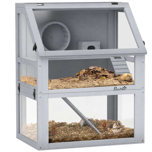 Wooden Hamster Cage, 3 Tier Small Animal Cage with Detachable 12.6" Deep Bottom, Hut, Seesaw, Exercise Wheel, Ramps, Hamster Habitat for Dwarf, Gerbil, 24" x 16" x 29.5"