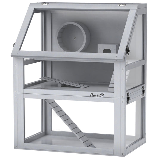 Wooden Hamster Cage, 3 Tier Small Animal Cage with Detachable 12.6" Deep Bottom, Hut, Seesaw, Exercise Wheel, Ramps, Hamster Habitat for Dwarf, Gerbil, 24" x 16" x 29.5"
