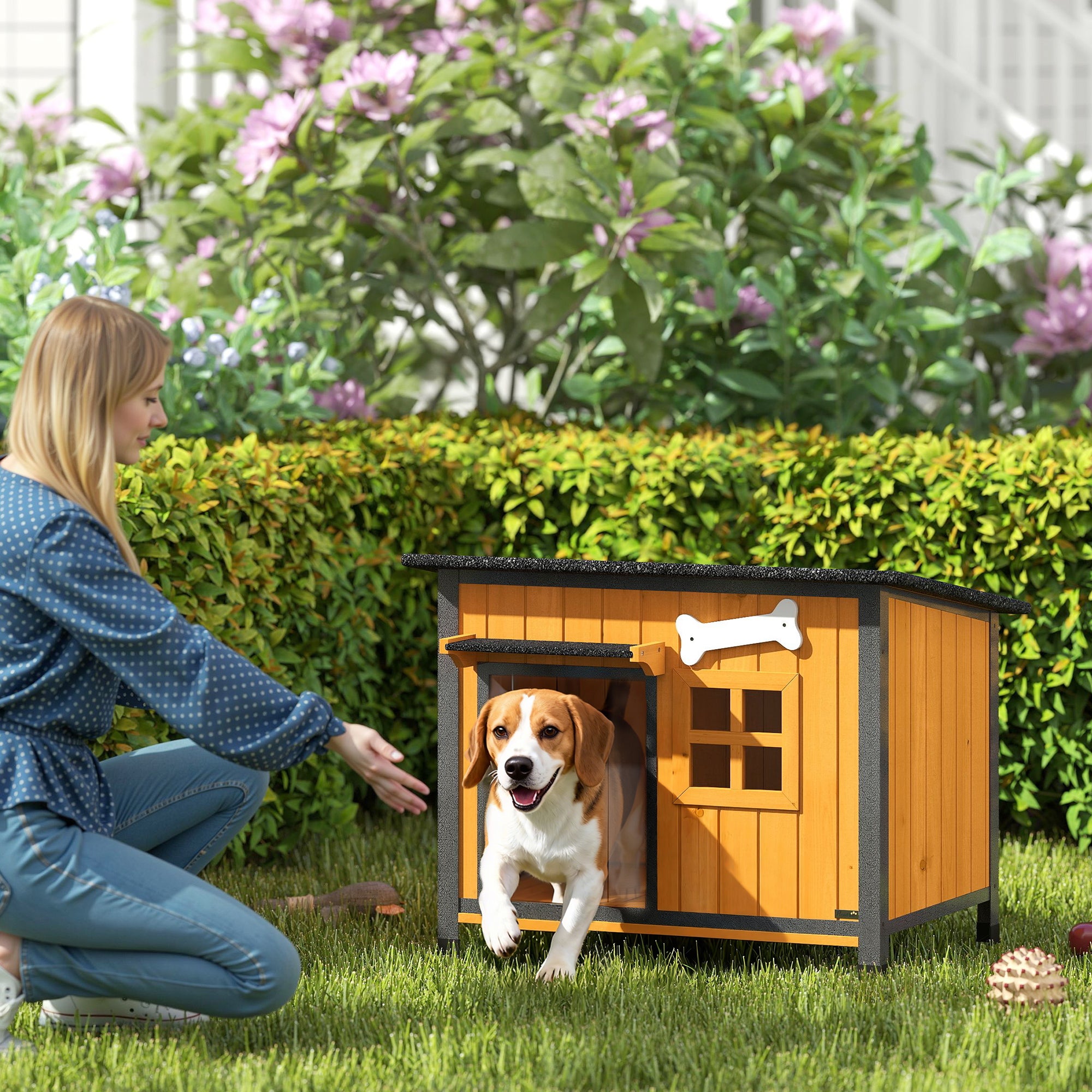 Dog House Anti-Chewing Steel Frame, Wooden Dog Kennel House with Openable Roof, Removable Floor, Door Curtain, Weatherproof Pet Shelter for Outdoor Indoor