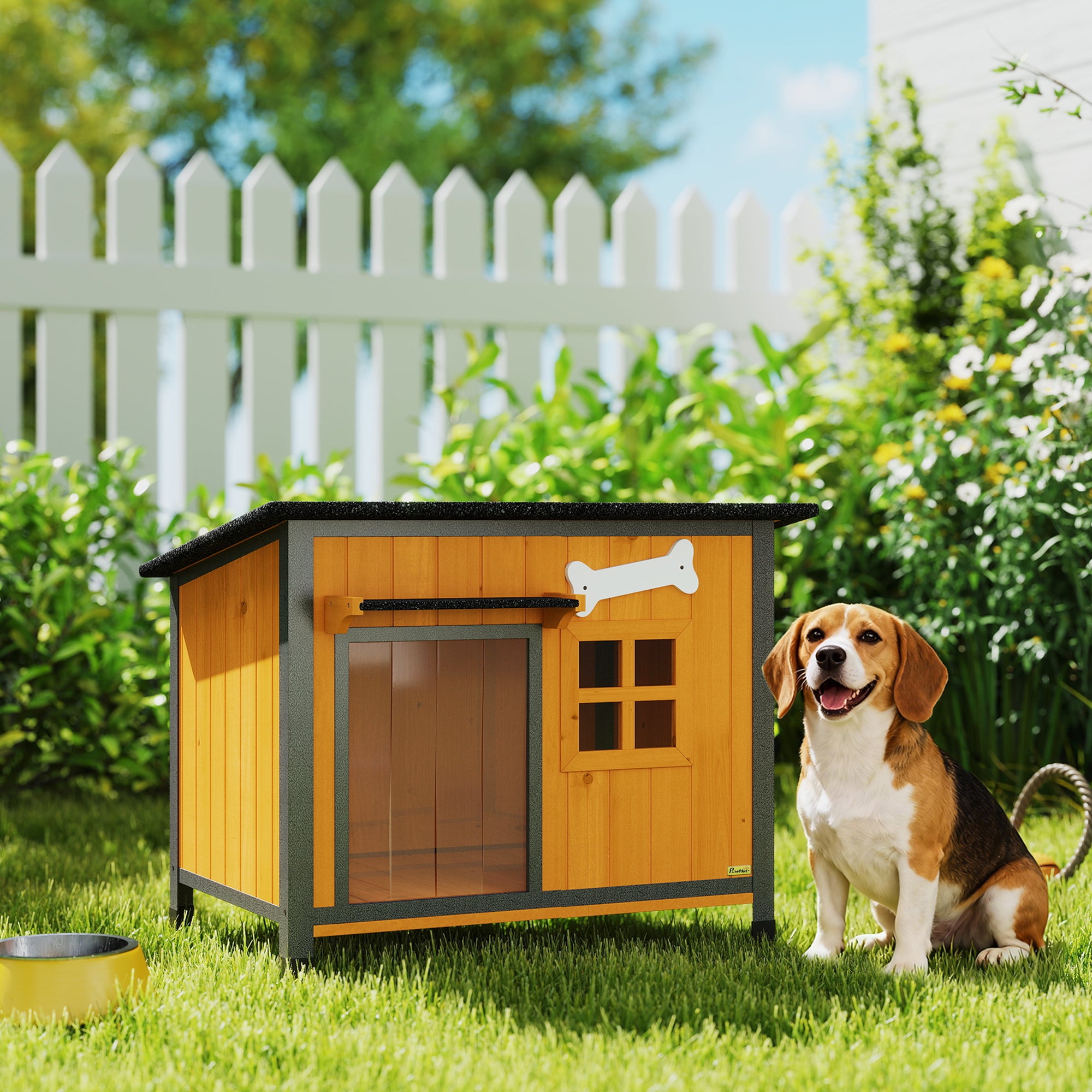 Dog House Anti-Chewing Steel Frame, Wooden Dog Kennel House with Openable Roof, Removable Floor, Door Curtain, Weatherproof Pet Shelter for Outdoor Indoor