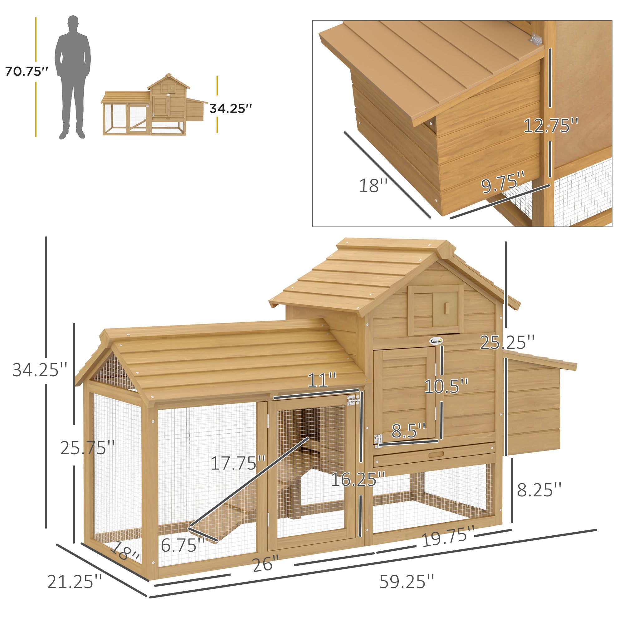 59" Petite Chicken Coop Outdoor Poultry Enclosure with 2 Doors, Nesting Box, Natural