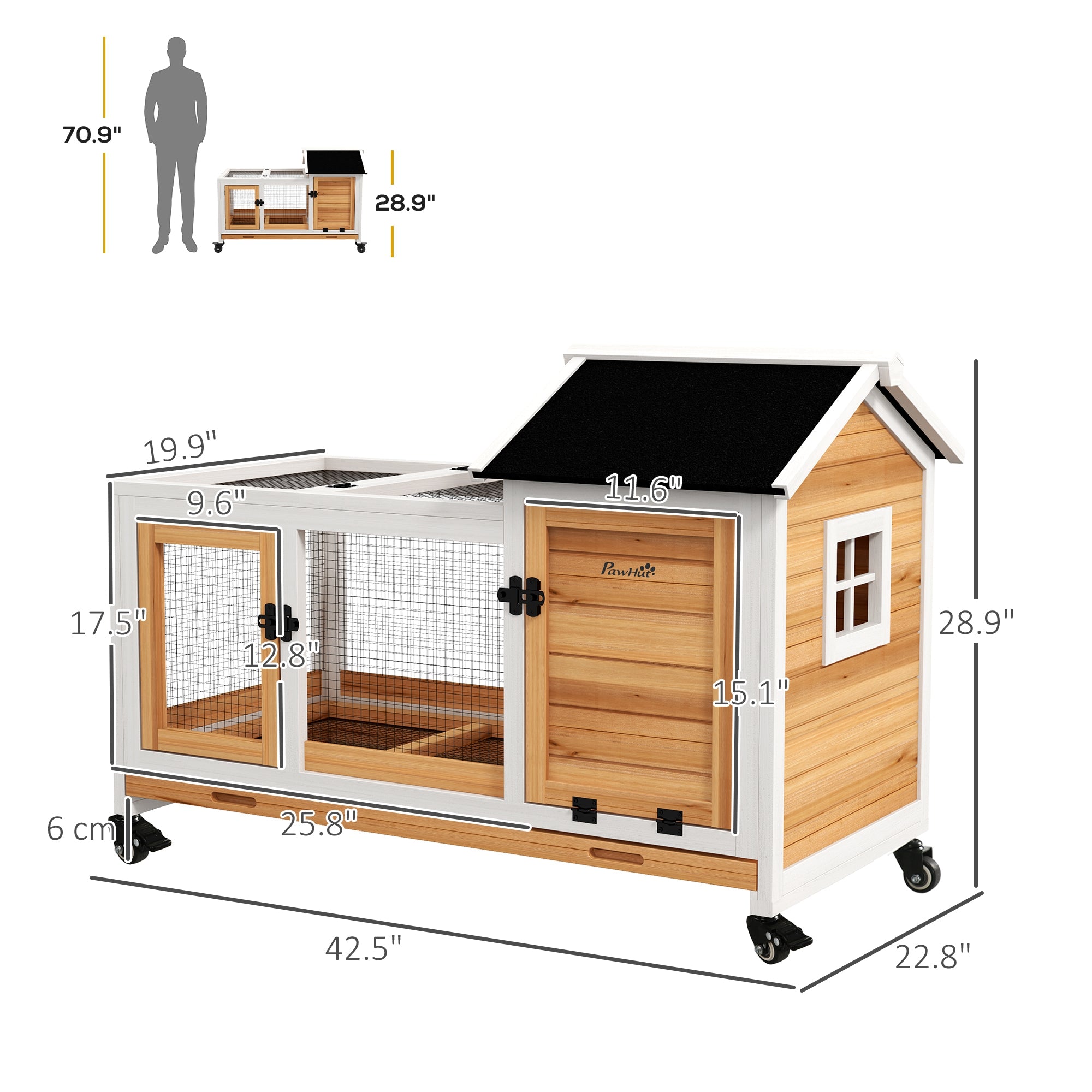 PawHut Indoor Outdoor Wooden Rabbit Hutch with Wheels, Large Bunny Hutch with Run & Slide-Out Tray for Small Animals, Guinea Pig, Yellow