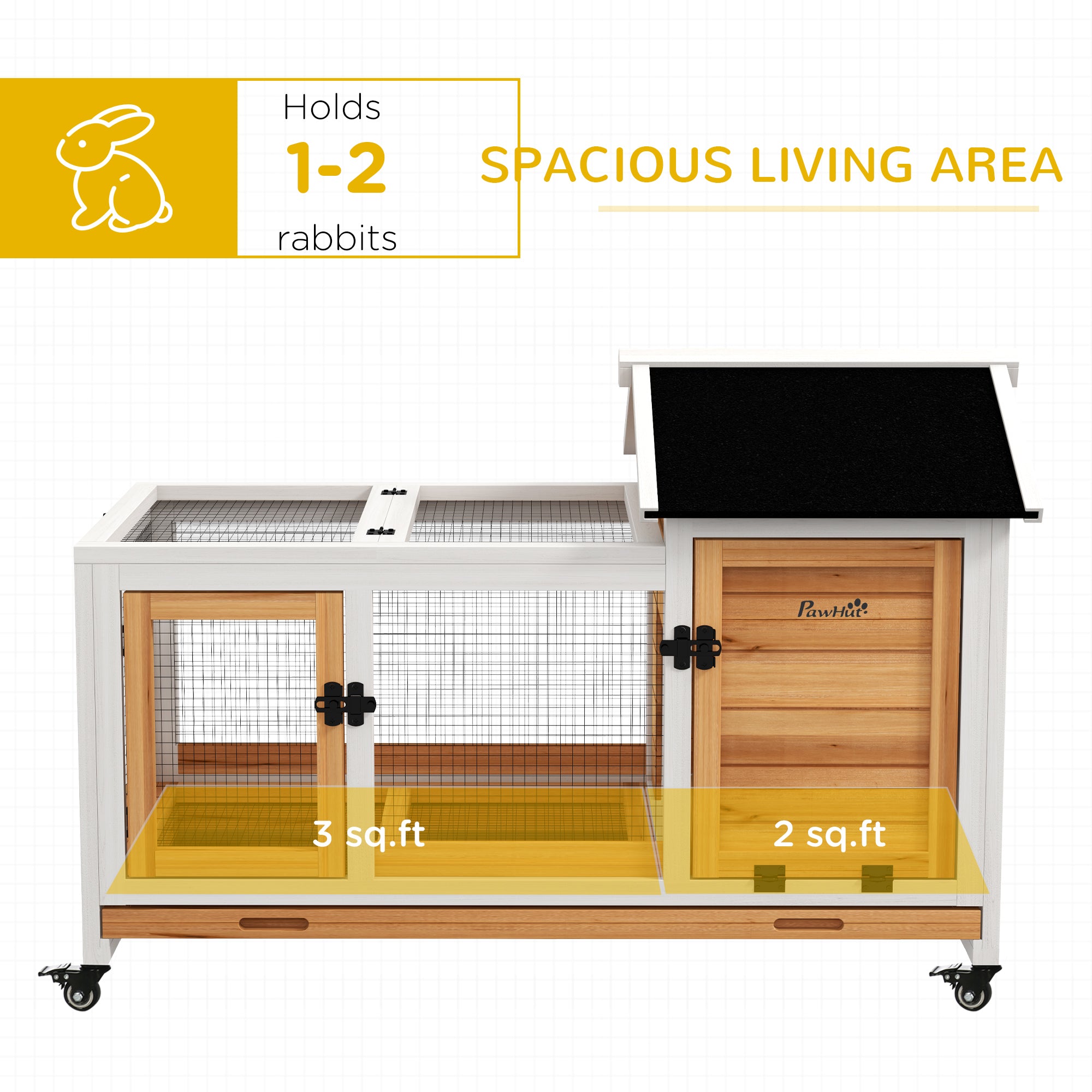 PawHut Indoor Outdoor Wooden Rabbit Hutch with Wheels, Large Bunny Hutch with Run & Slide-Out Tray for Small Animals, Guinea Pig, Yellow