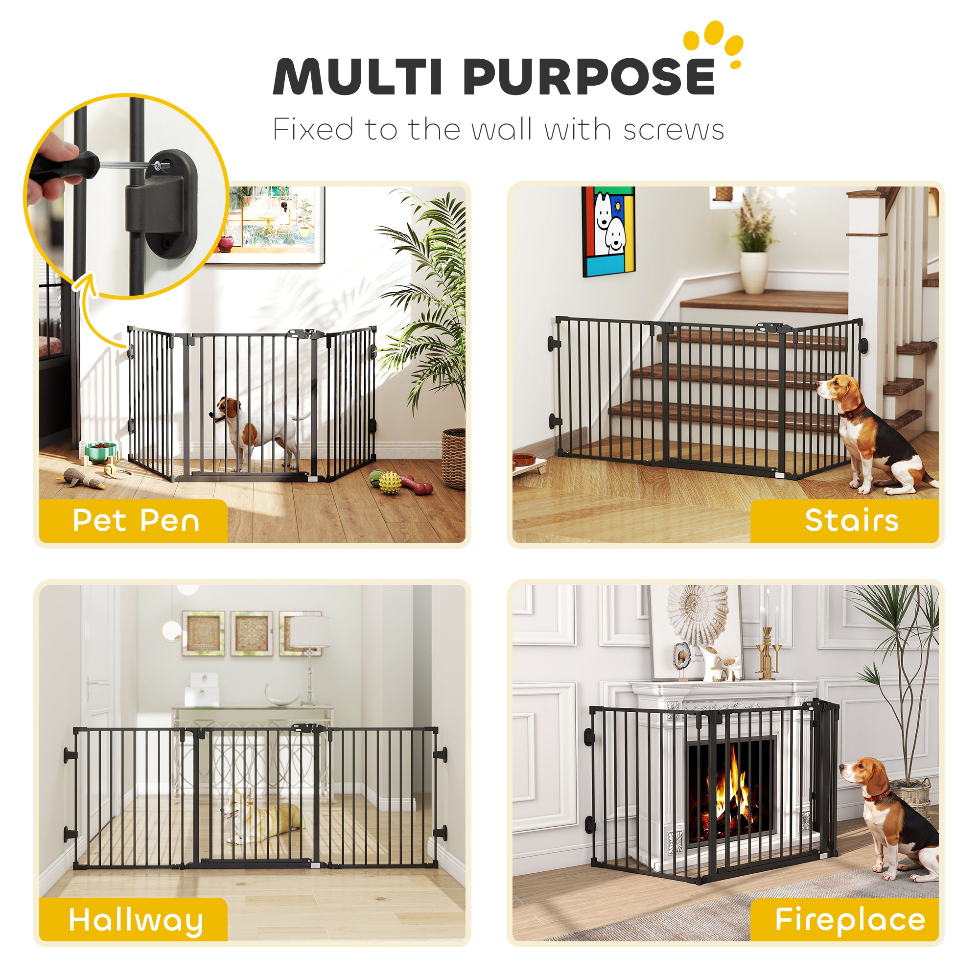 Foldable Dog Gate with Door, 3 Panel Metal Pet Gate for Stairs, Doorways, Hallways and Fireplace, Auto-Close Safety Gate, 202.5 x 76 cm, Black