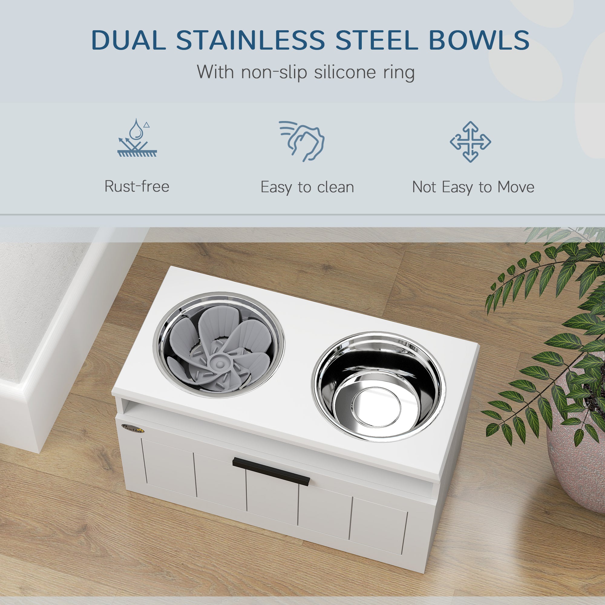 Raised Dog Bowl, Elevated Pet Bowls with Slow Feeder, Two Stainless Steel Bowls, Drawer, for Large & Extra Large Dogs, White