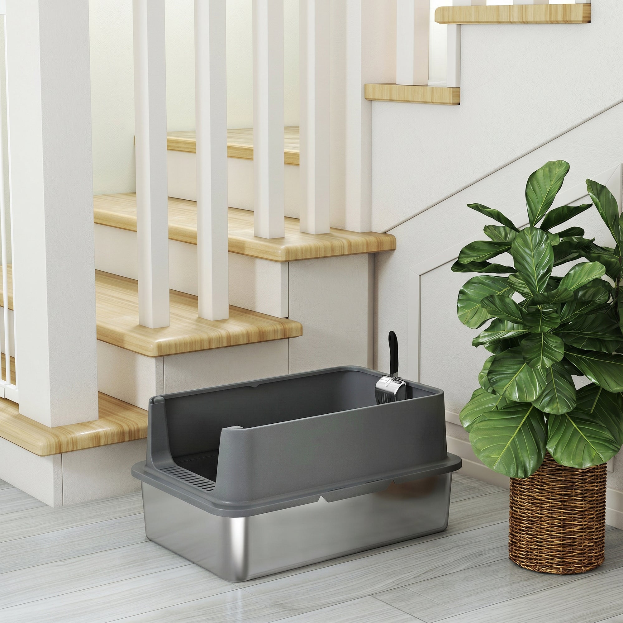 Stainless Steel Cat Litter Box, XL Extra Large Metal Litter Box Pan Tray for Big Cats, High Sided, Anti-Urine Leakage, Easy Cleaning, Non-Sticky, Absorbs Odors, Include Scoop & Pad, Dark Gray